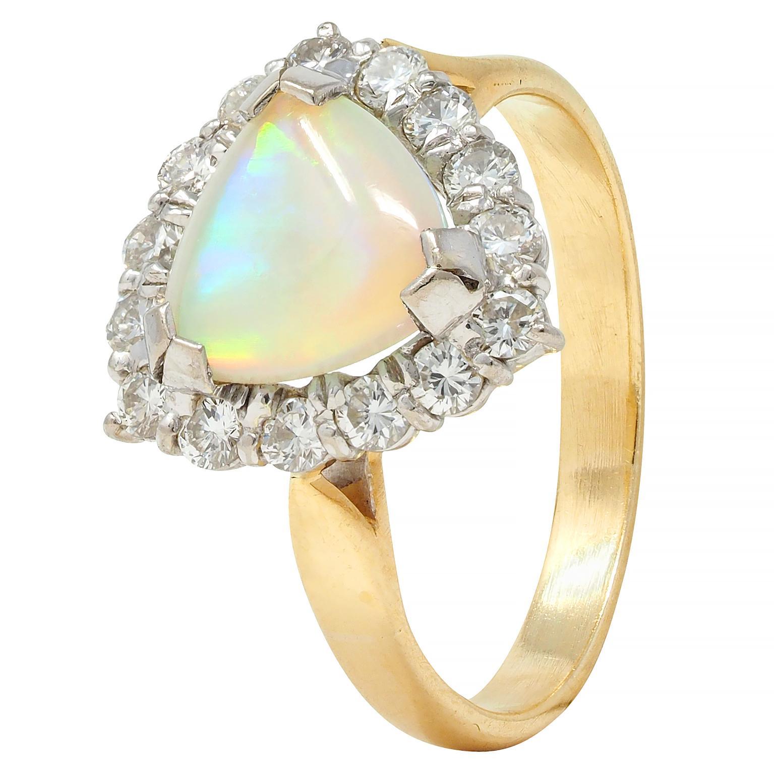 Cabochon 1980s Opal Diamond 18 Karat Yellow White Gold Triangular Vintage Halo Ring For Sale