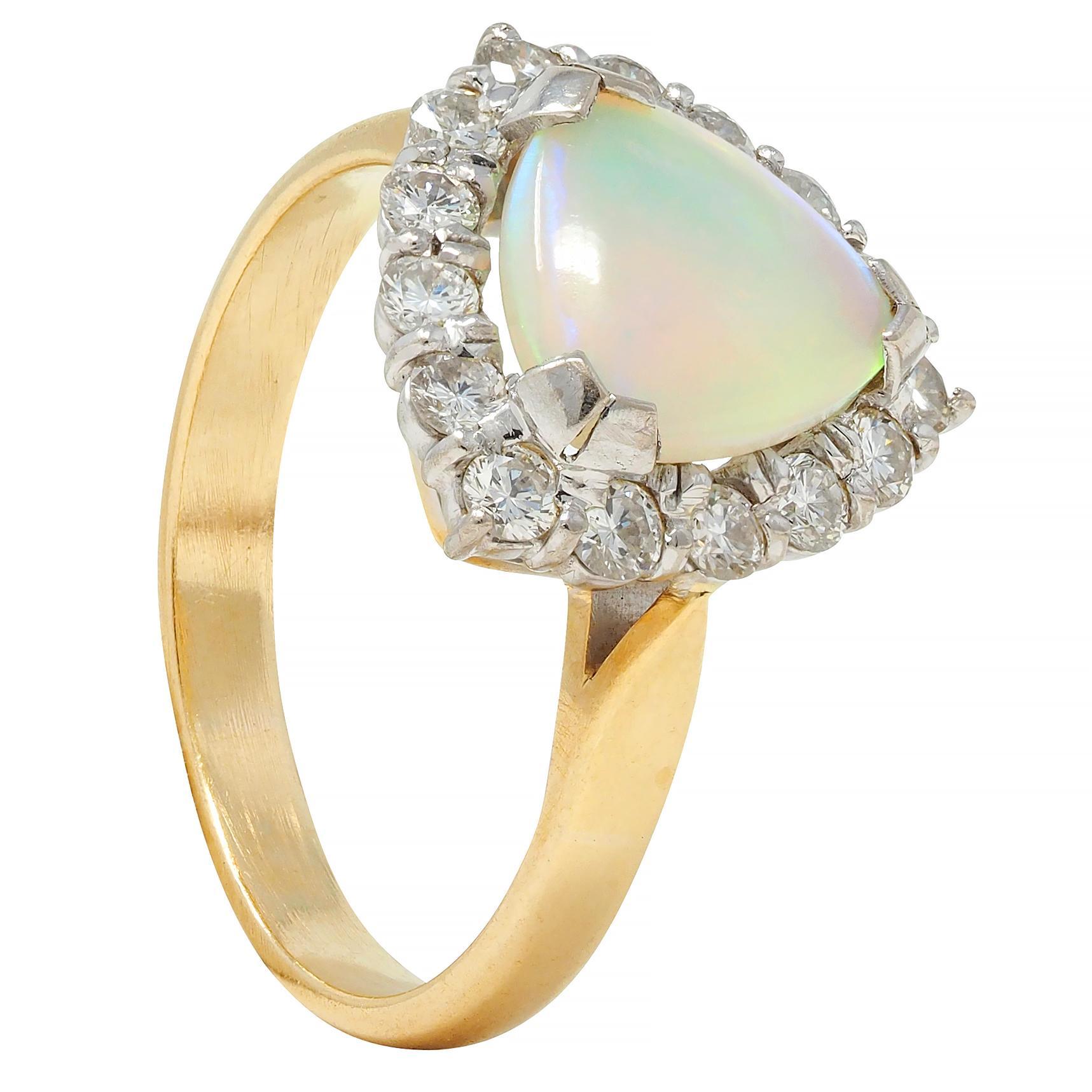 1980s Opal Diamond 18 Karat Yellow White Gold Triangular Vintage Halo Ring In Excellent Condition For Sale In Philadelphia, PA