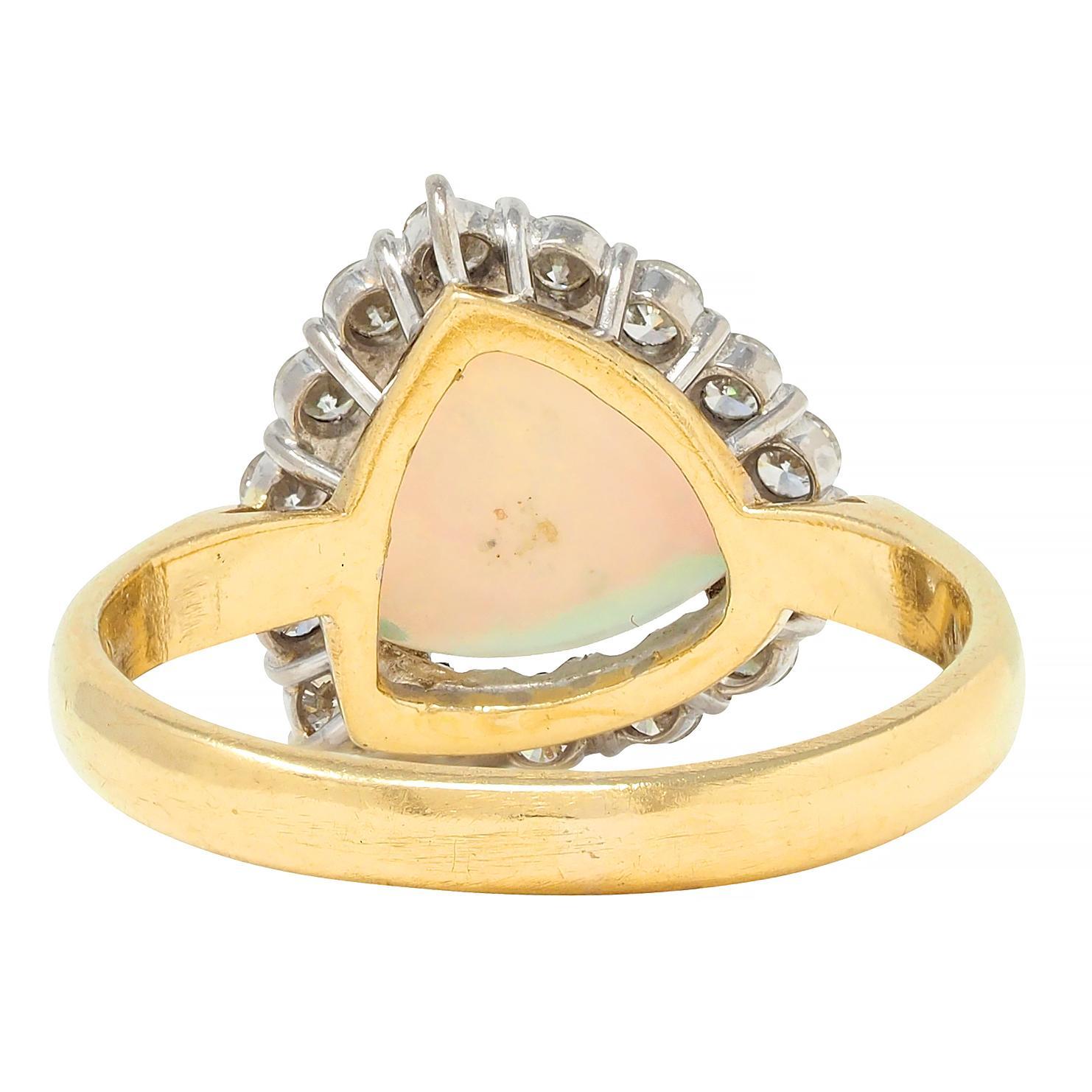 1980s Opal Diamond 18 Karat Yellow White Gold Triangular Vintage Halo Ring For Sale 1