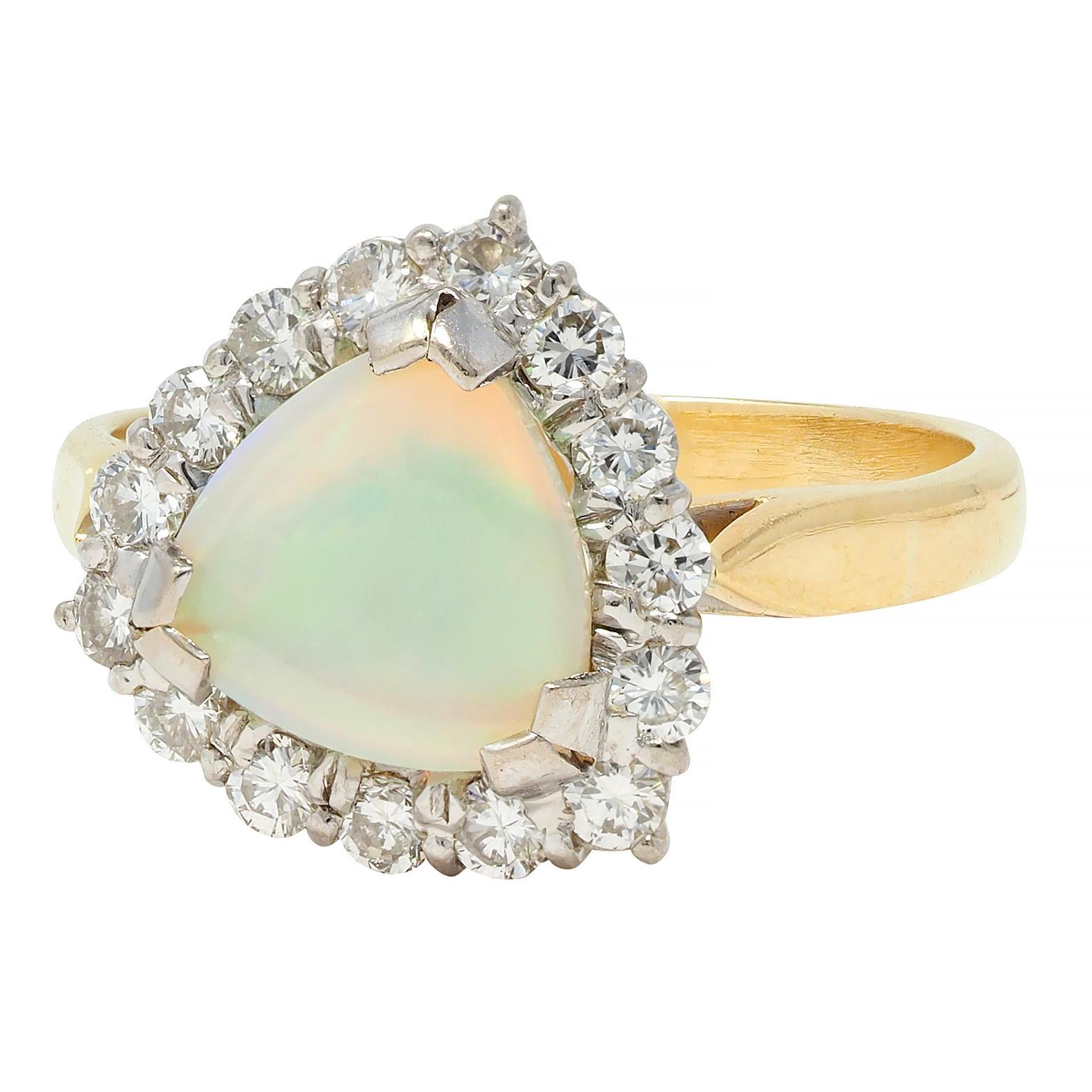 1980s Opal Diamond 18 Karat Yellow White Gold Triangular Vintage Halo Ring For Sale 2