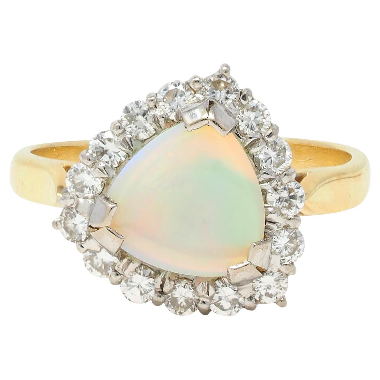 1980s Opal Diamond 18 Karat Yellow White Gold Triangular Vintage Halo Ring For Sale