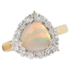 1980's Opal Diamond 18 Karat Yellow White Gold Triangular Vintage Halo Ring