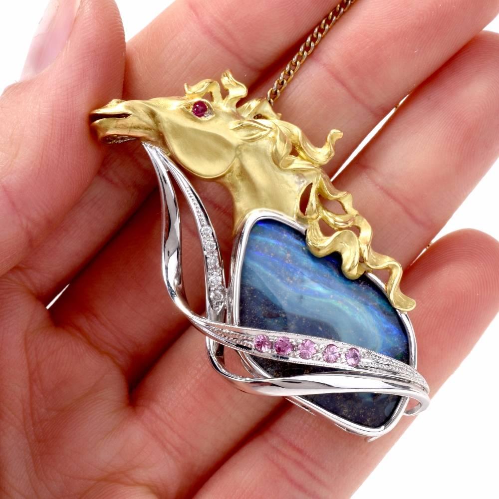 Artisan 1980s Opal Diamond Two-Tone Gold Horse Pin Brooch and Pendant