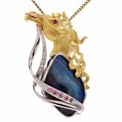 1980s Opal Diamond Two-Tone Gold Horse Pin Brooch and Pendant