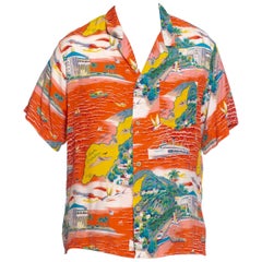 1980S Orange Hawaiian Rayon Men's Catalina Cruise Lines Shirt