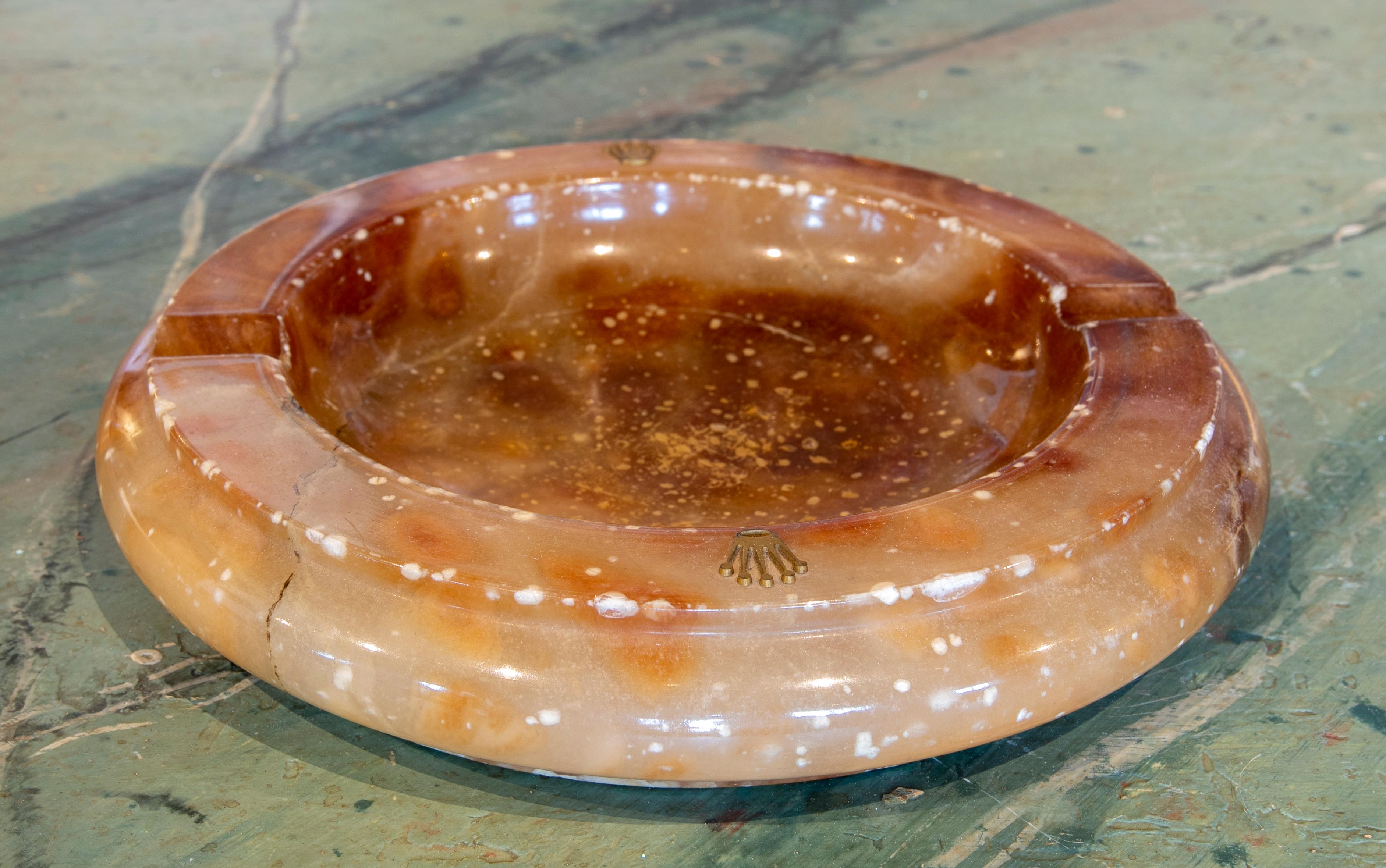 Swiss 1980s Orange Onyx Ashtray by Rolex, with Rolex Crown in Brass For Sale