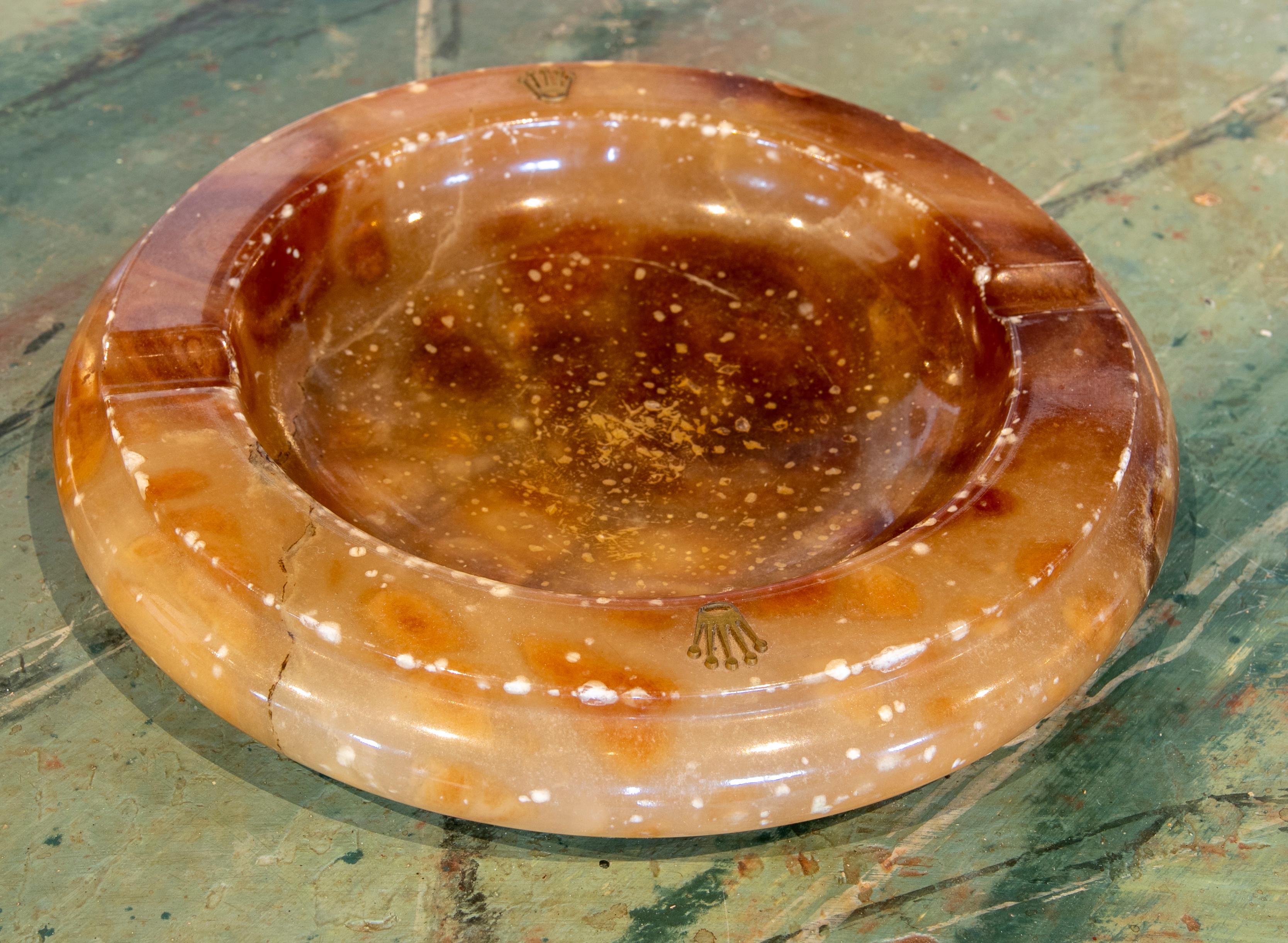 20th Century 1980s Orange Onyx Ashtray by Rolex, with Rolex Crown in Brass For Sale