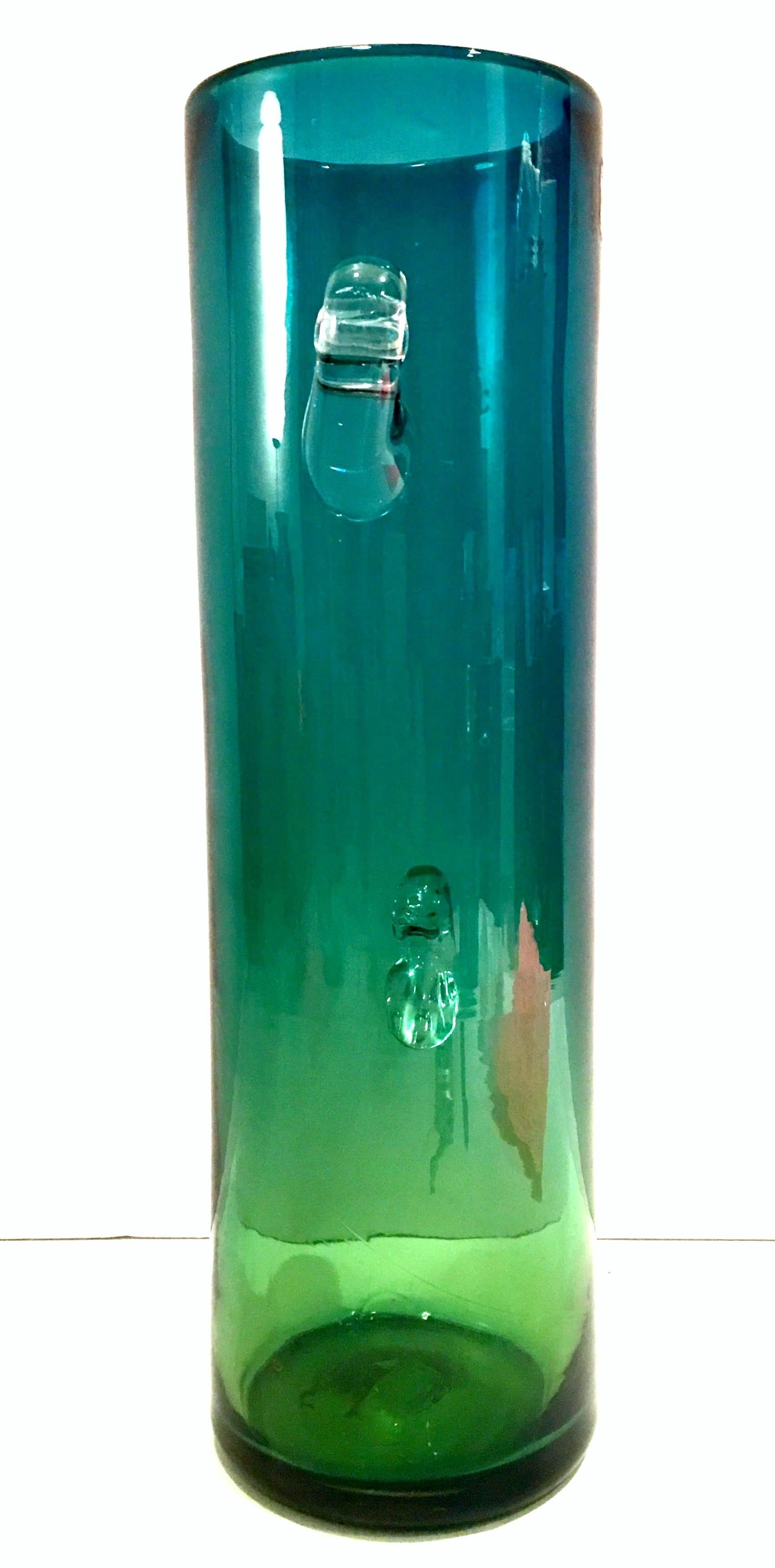 American 1980s Organic Modern Blown Glass Blue and Green Clear Handle Vase by, Blenko