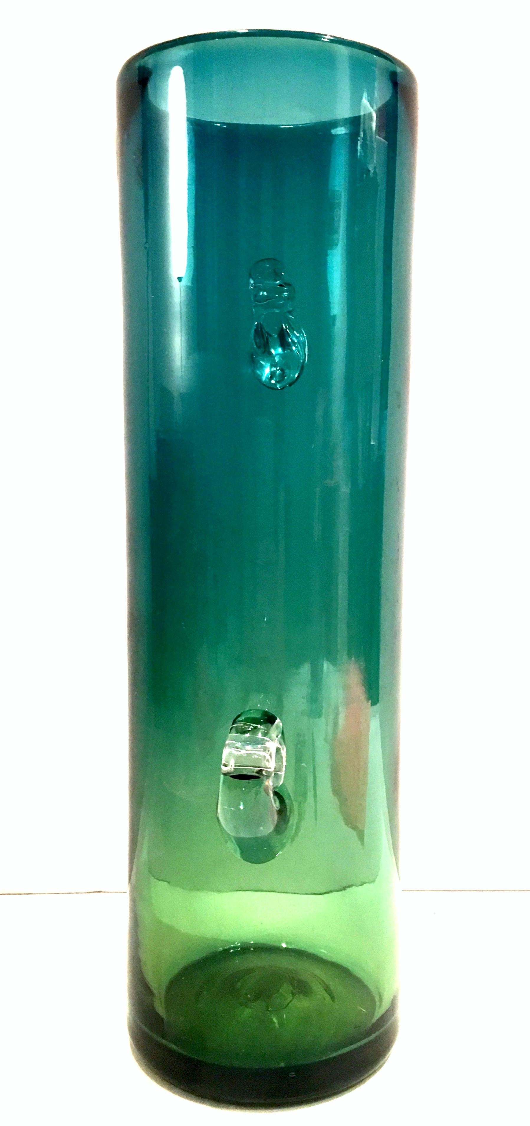 1980s Organic Modern Blown Glass Blue and Green Clear Handle Vase by, Blenko In Good Condition In West Palm Beach, FL