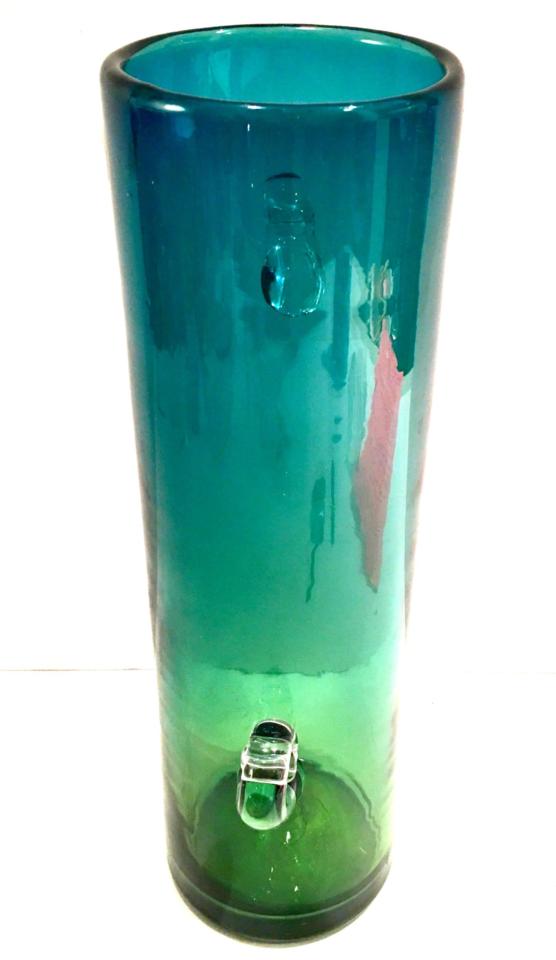 20th Century 1980s Organic Modern Blown Glass Blue and Green Clear Handle Vase by, Blenko
