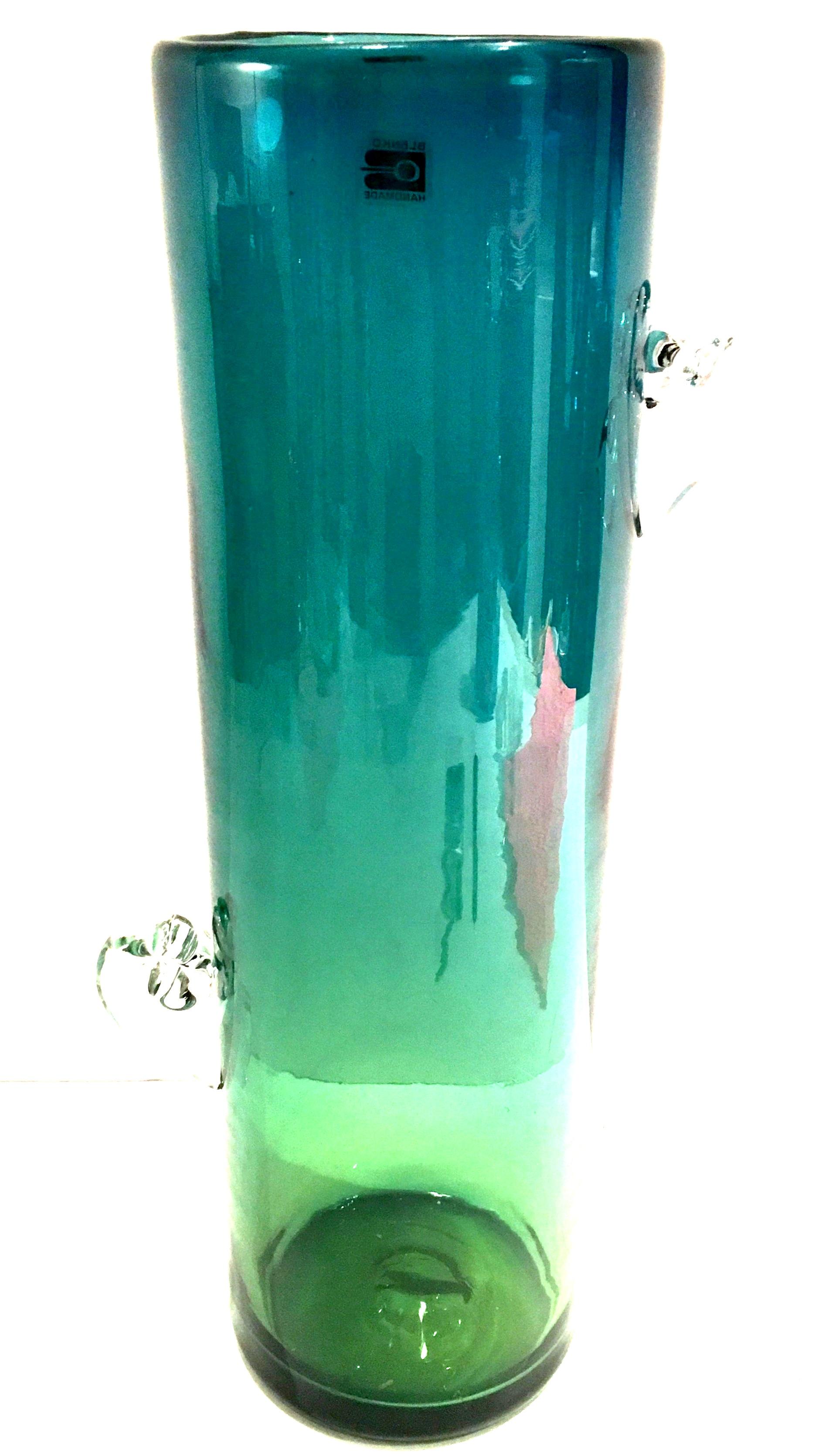 American 1980s Organic Modern Blown Glass Blue and Green Clear Handle Vase by, Blenko For Sale