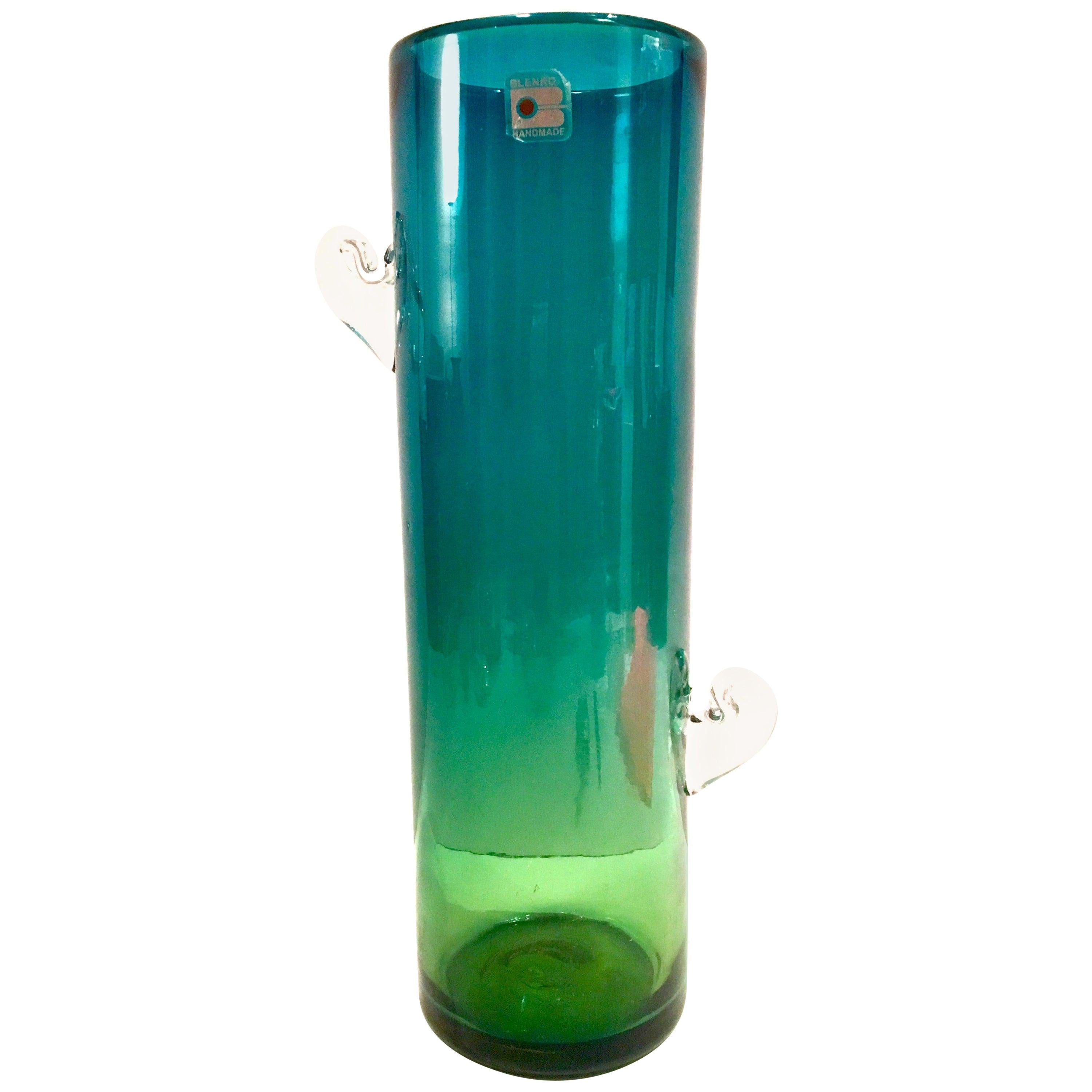 1980s Organic Modern Blown Glass Blue and Green Clear Handle Vase by, Blenko