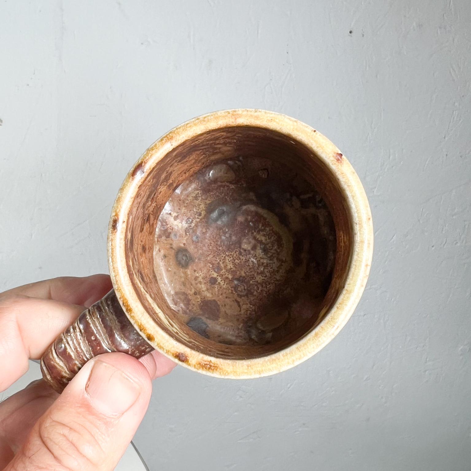 1980s Organic Modern Sculptural Light Brown Coffee Cup Mug Artisan Pottery For Sale 4