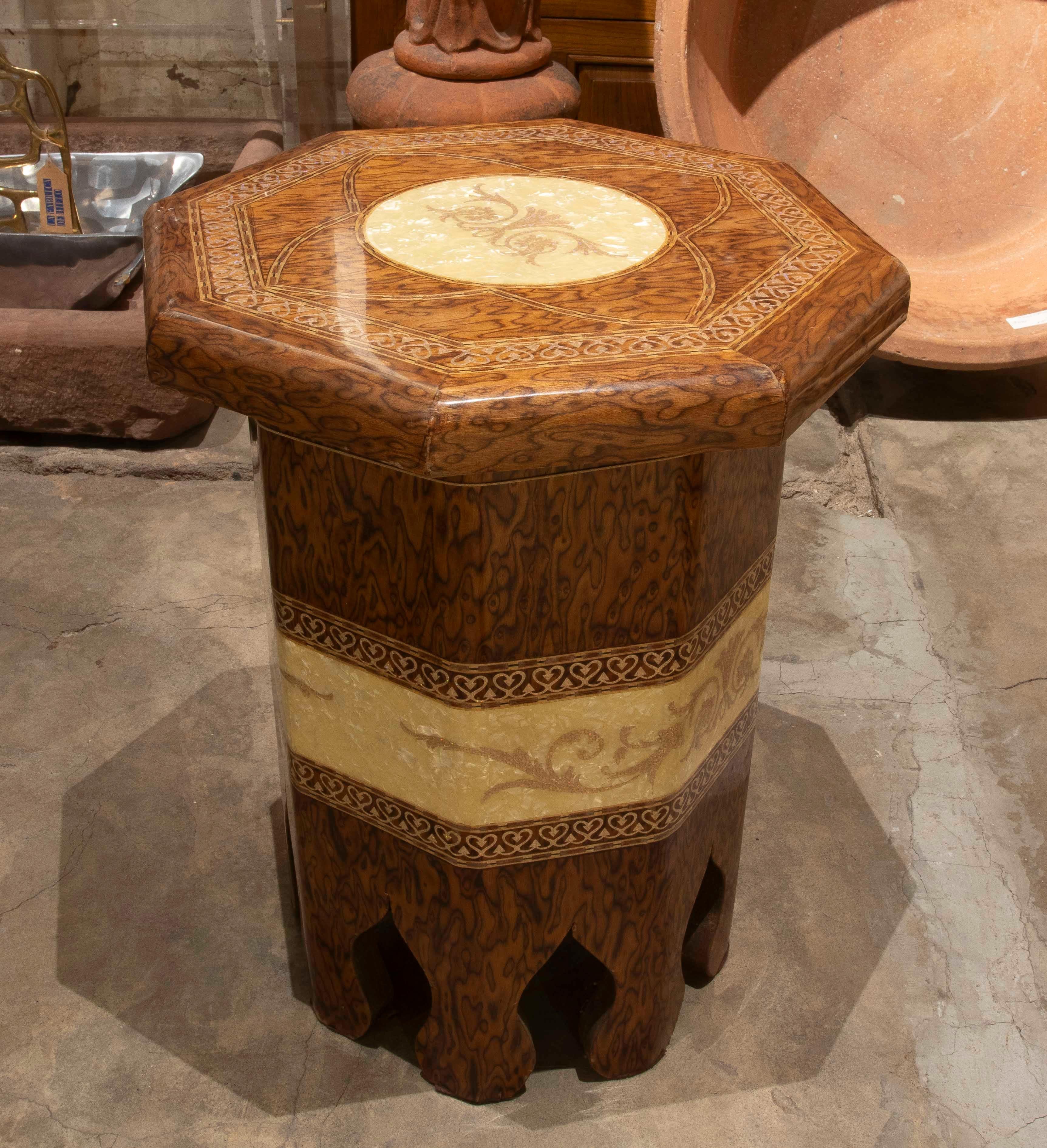 Moroccan 1980s  Oriental Style Octagonal Side Table in Wood and Resin For Sale