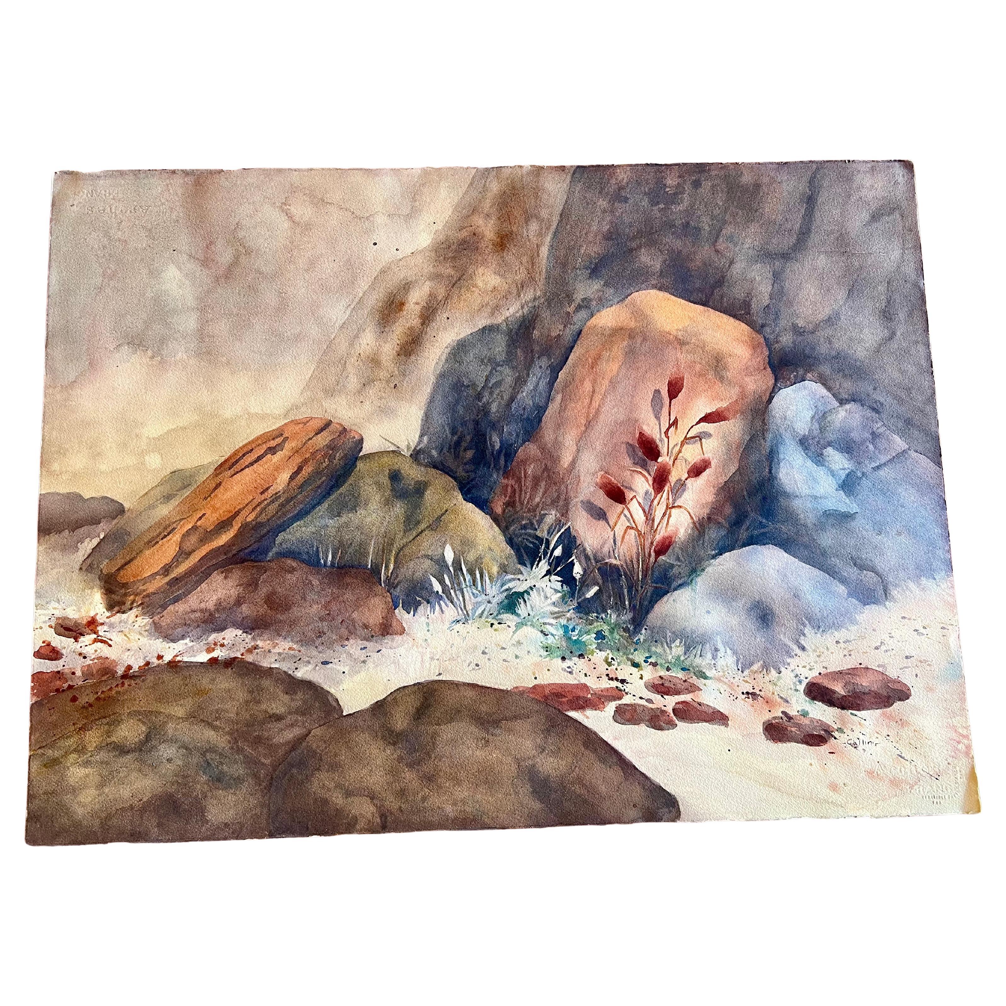 Classique américain Peinture originale des années 1980 à l'aquarelle non encadrée par Collins sur papier Arches en vente