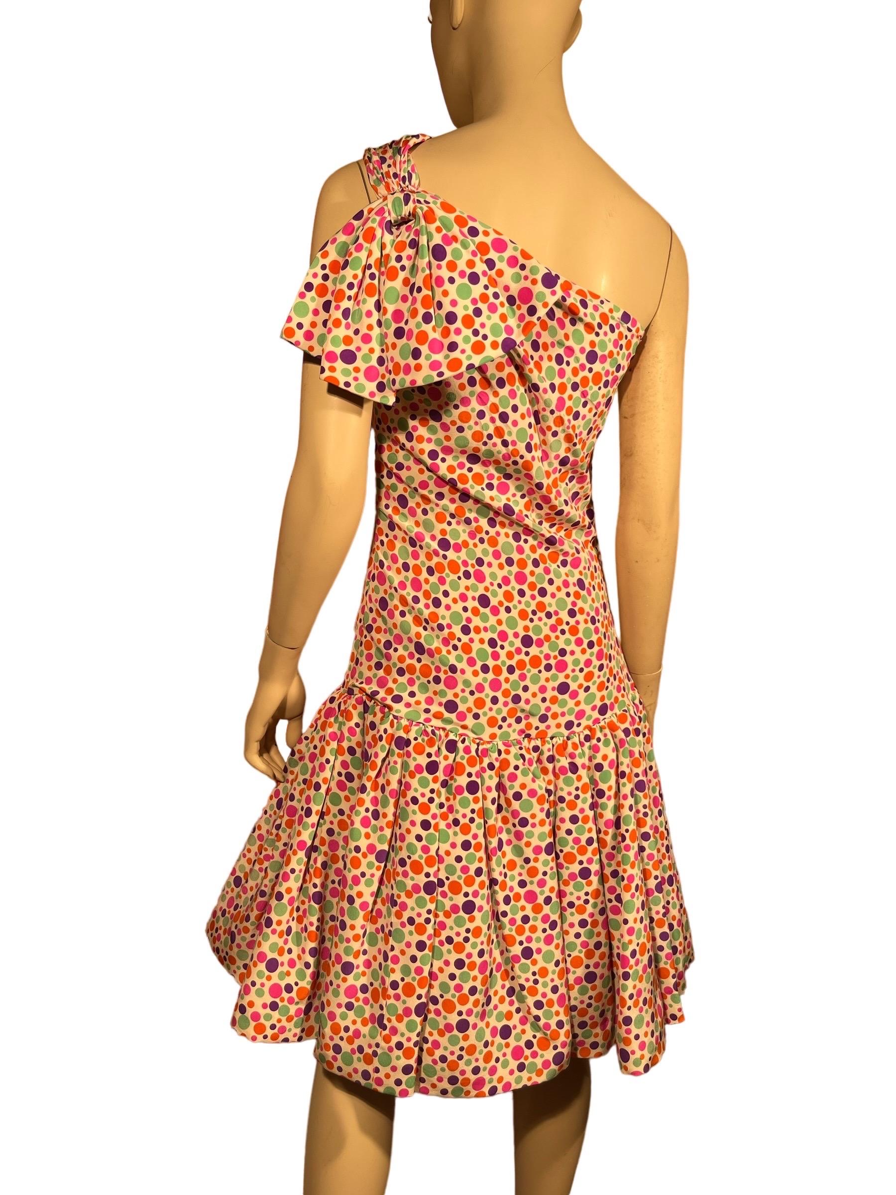 1980's OSCAR DE LA RENTA Asymmetrical Polka Dot Silk Party Dress For Sale 1