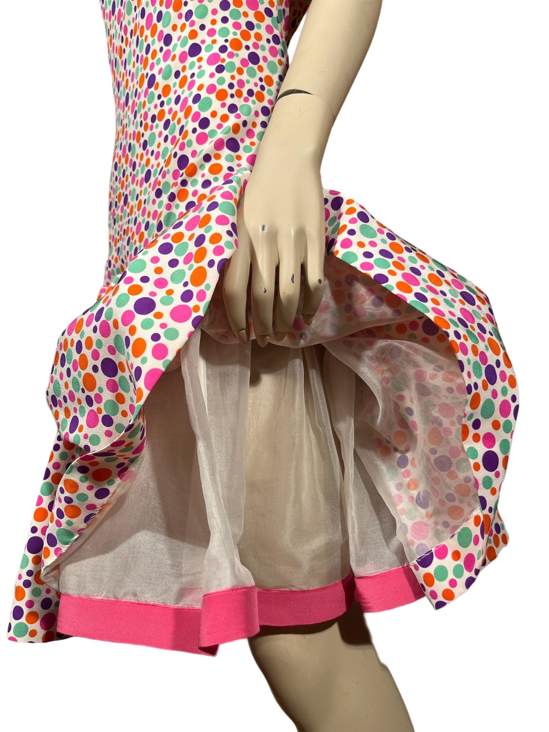 1980's OSCAR DE LA RENTA Asymmetrical Polka Dot Silk Party Dress For Sale 2