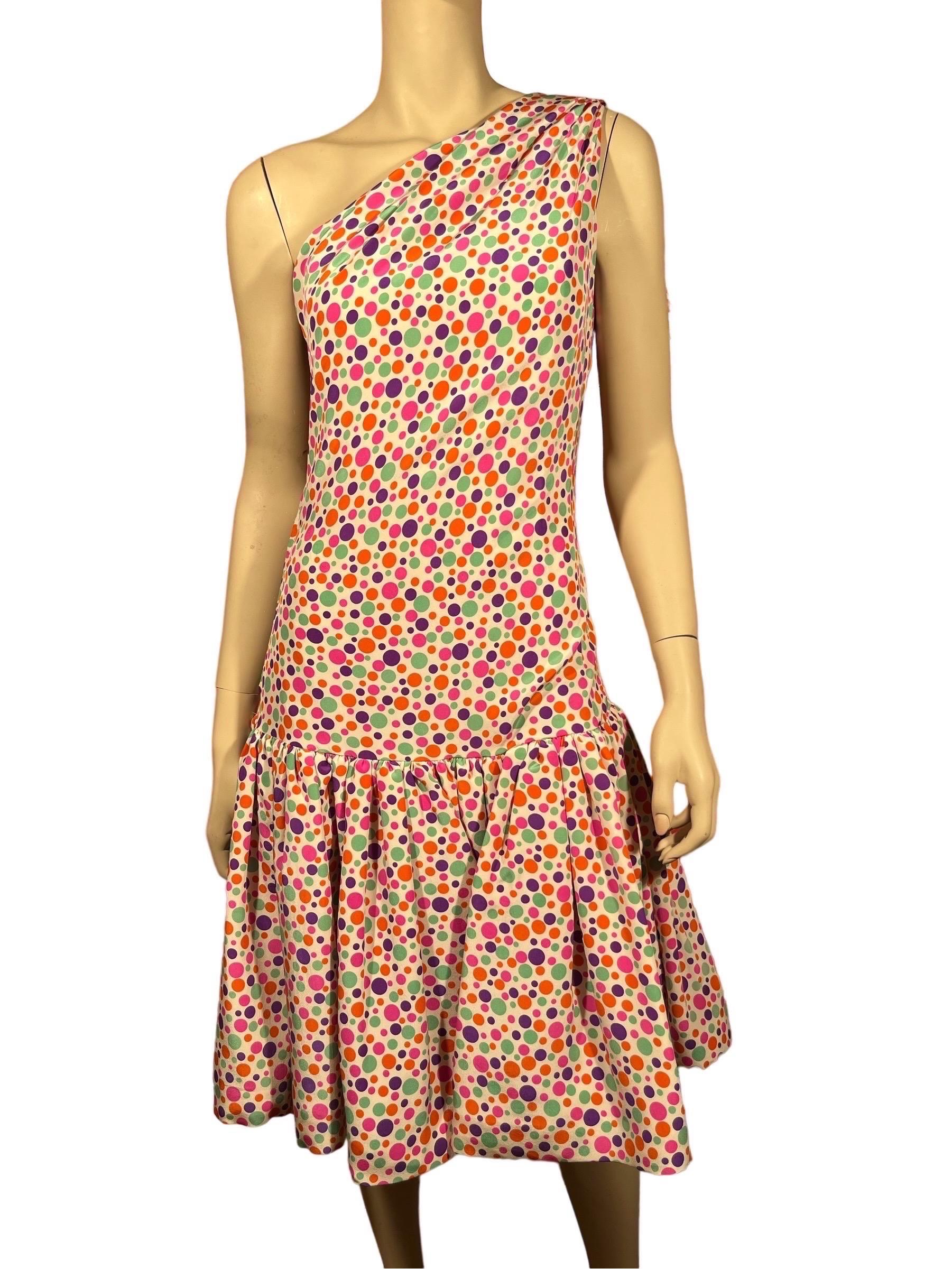 1980's OSCAR DE LA RENTA Asymmetrical Polka Dot Silk Party Dress For Sale 5