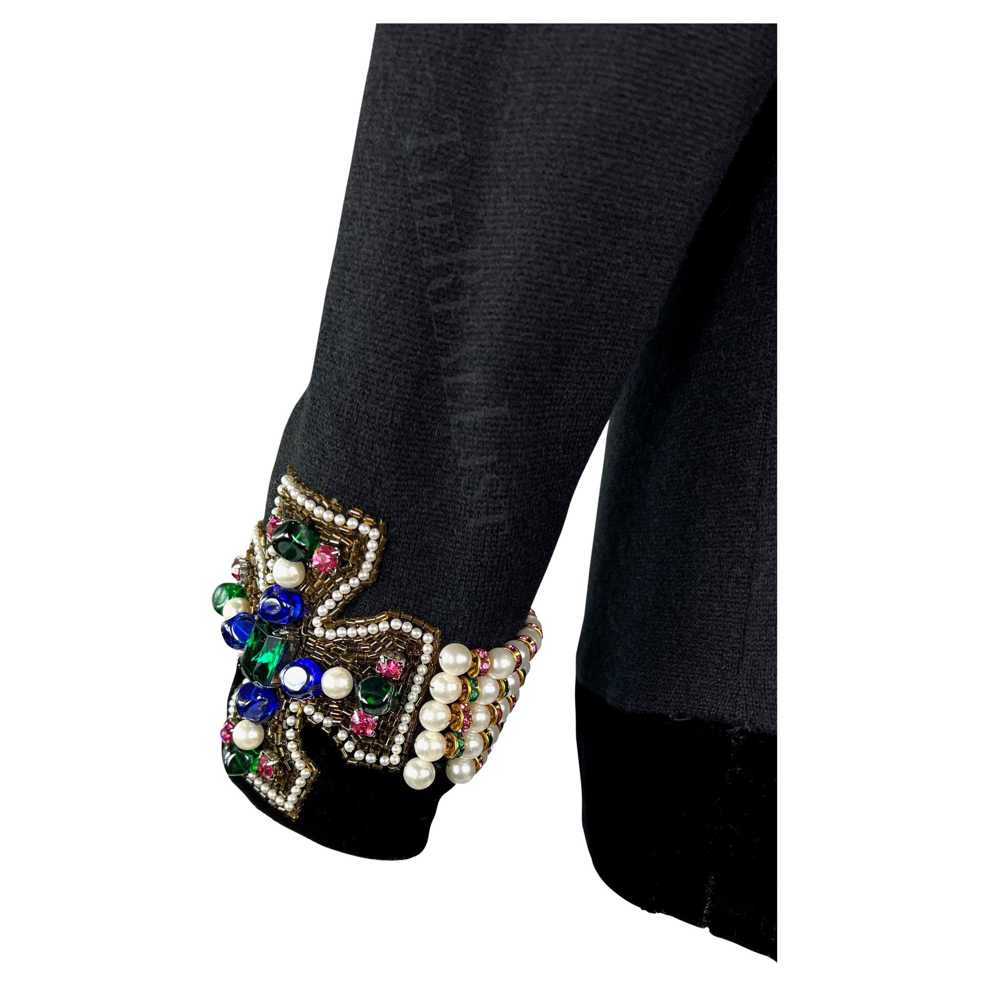 1980s Oscar de la Renta Black Cowl Sweater Mini Dress Pearl Beaded Cuffs For Sale 1