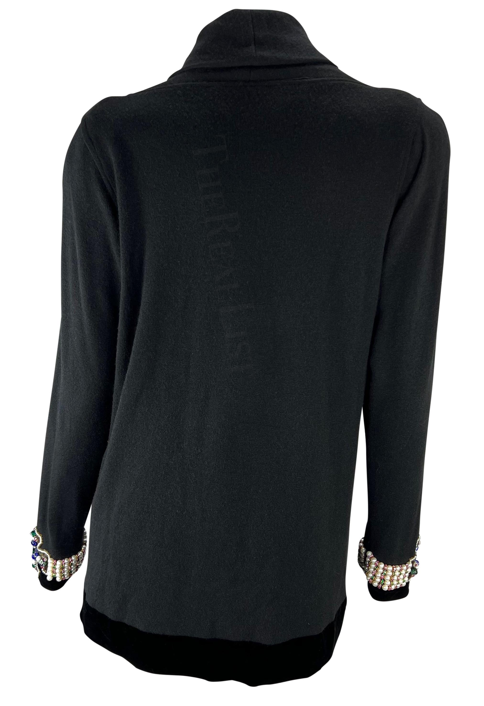 1980s Oscar de la Renta Black Cowl Sweater Mini Dress Pearl Beaded Cuffs For Sale 3