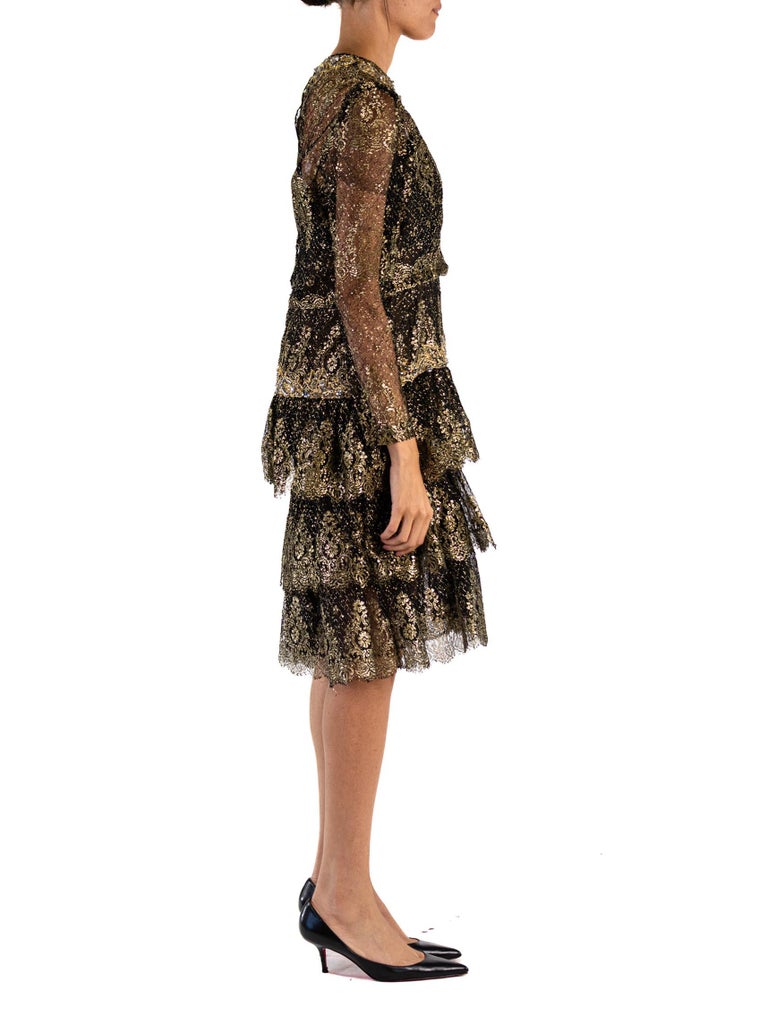 Late 1960s Oscar De La Renta Gold Metallic Eyelash Silk Organza Dress w Silver Metallic Detailing