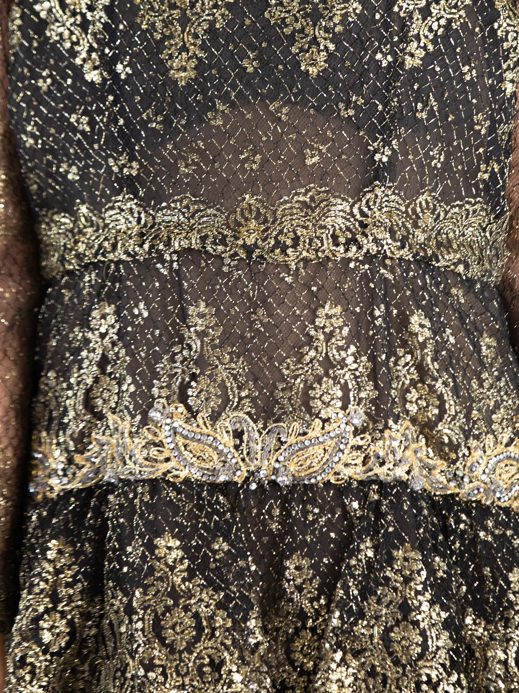1980S OSCAR DE LA RENTA Black & Gold Metallic Lace Cocktail Dress With Crystal  For Sale 5