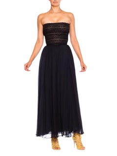 1980S OSCAR DE LA RENTA Black Silk Chiffon & Lace Strapless Gown XS