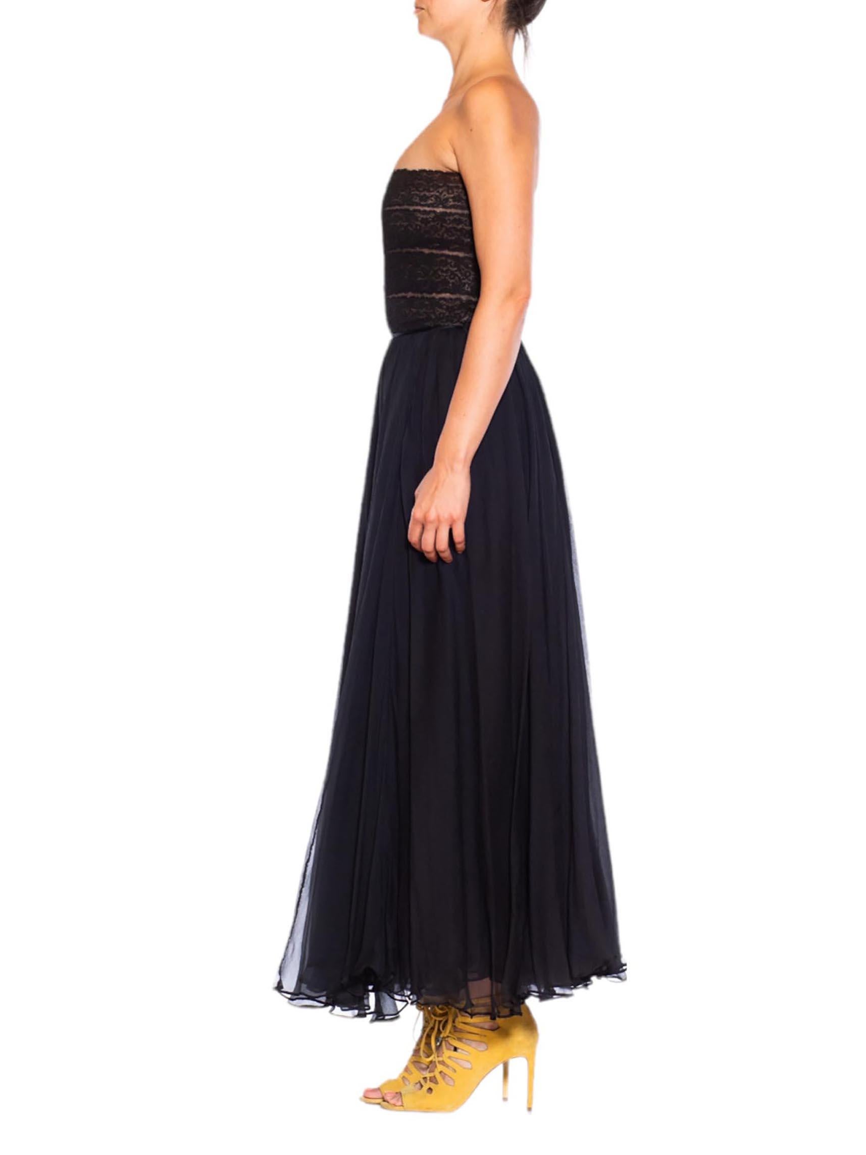 Women's 1980S OSCAR DE LA RENTA Black Silk Chiffon & Lace Strapless Gown XS For Sale