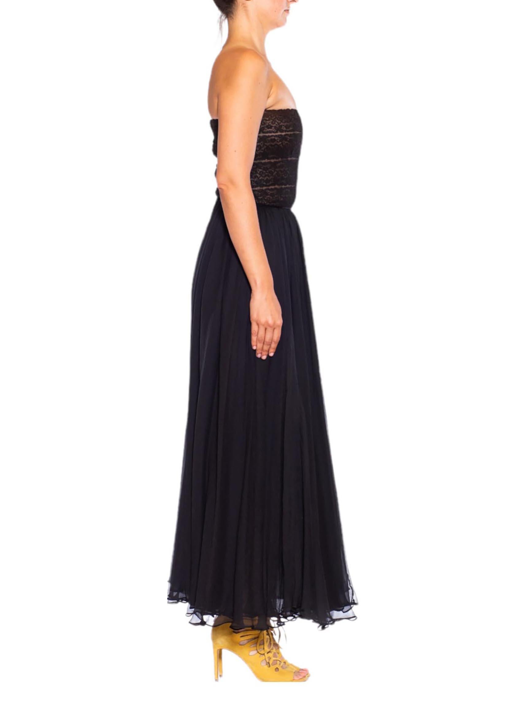 1980S OSCAR DE LA RENTA Black Silk Chiffon & Lace Strapless Gown XS For Sale 1