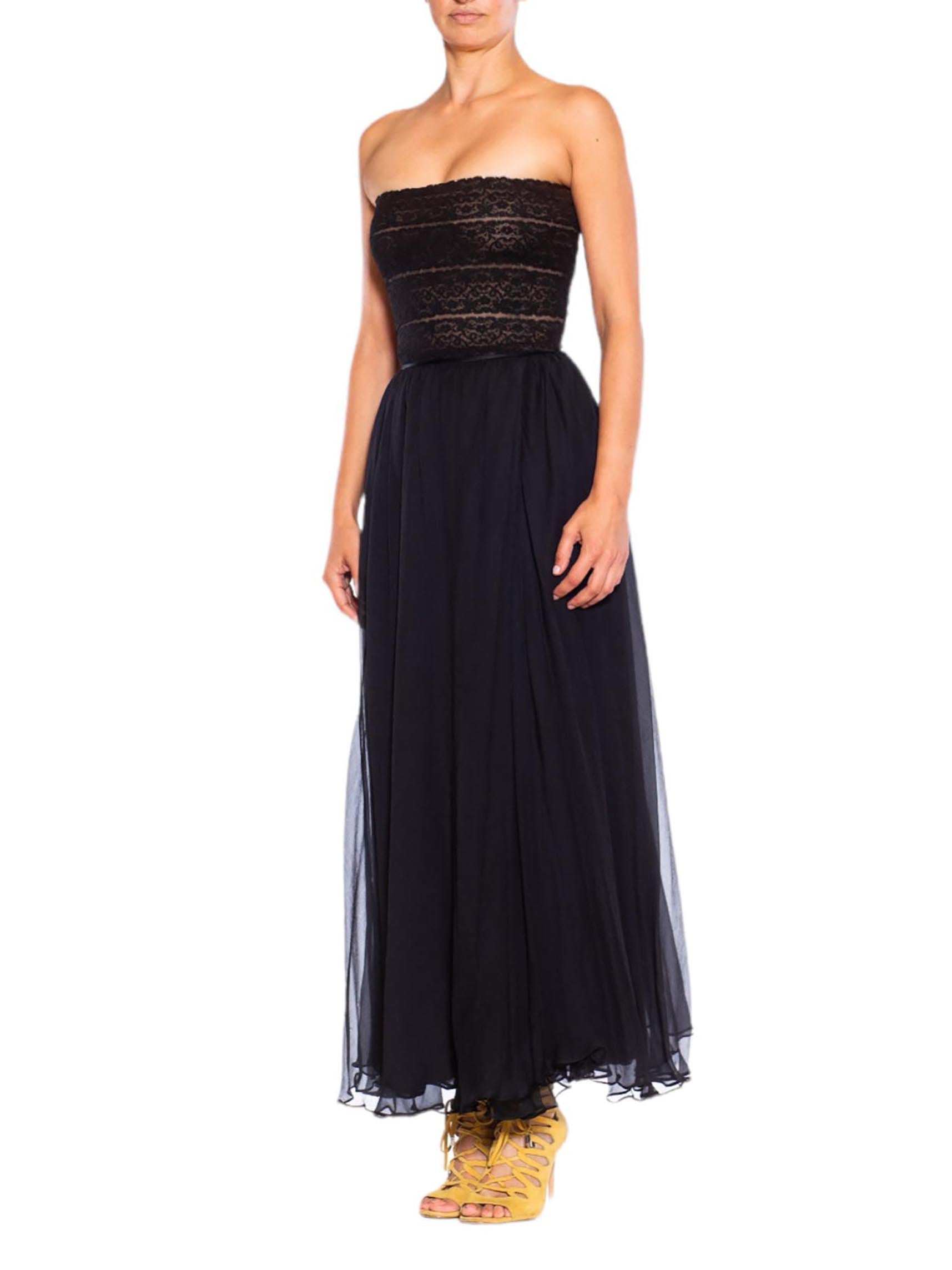 1980S OSCAR DE LA RENTA Black Silk Chiffon & Lace Strapless Gown XS For Sale 2