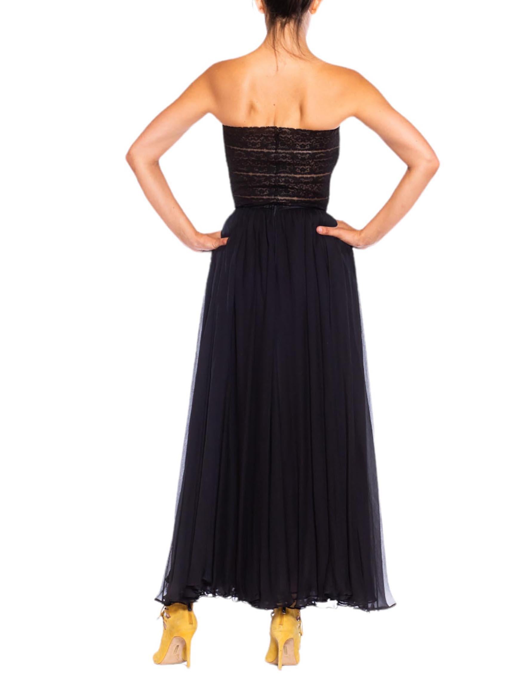 1980S OSCAR DE LA RENTA Black Silk Chiffon & Lace Strapless Gown XS For Sale 3