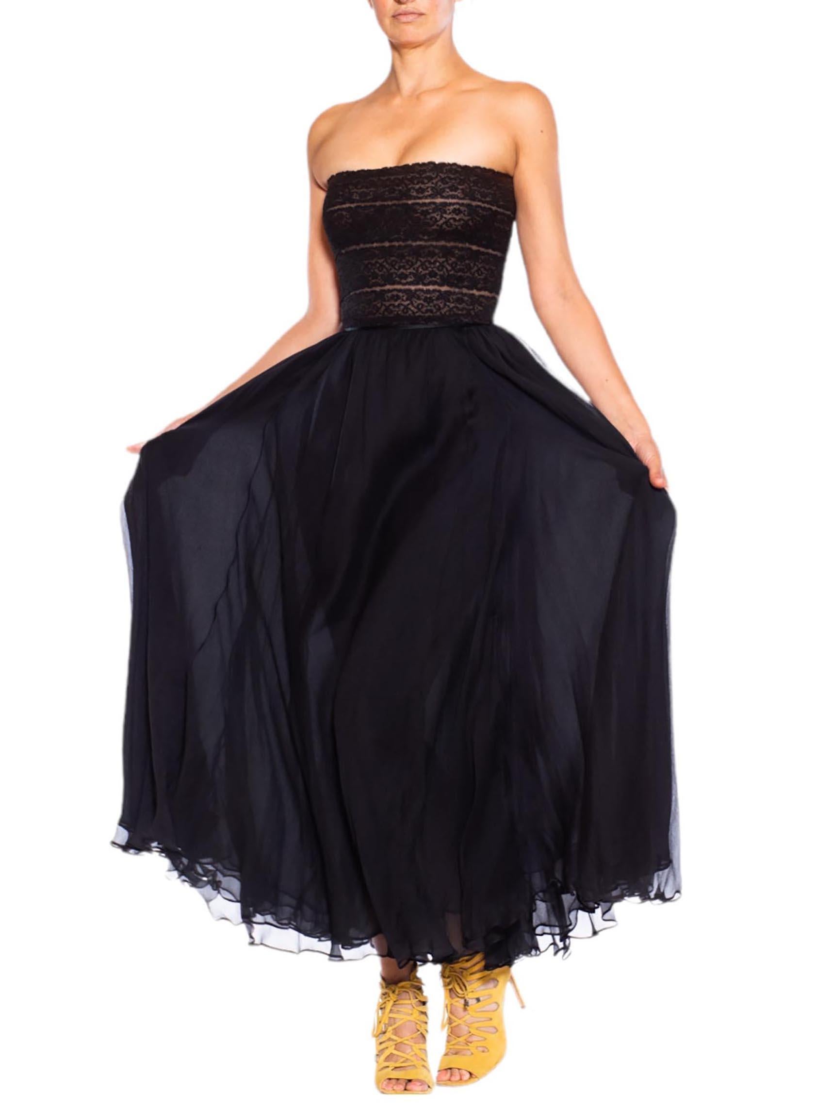 1980S OSCAR DE LA RENTA Black Silk Chiffon & Lace Strapless Gown XS For Sale 4