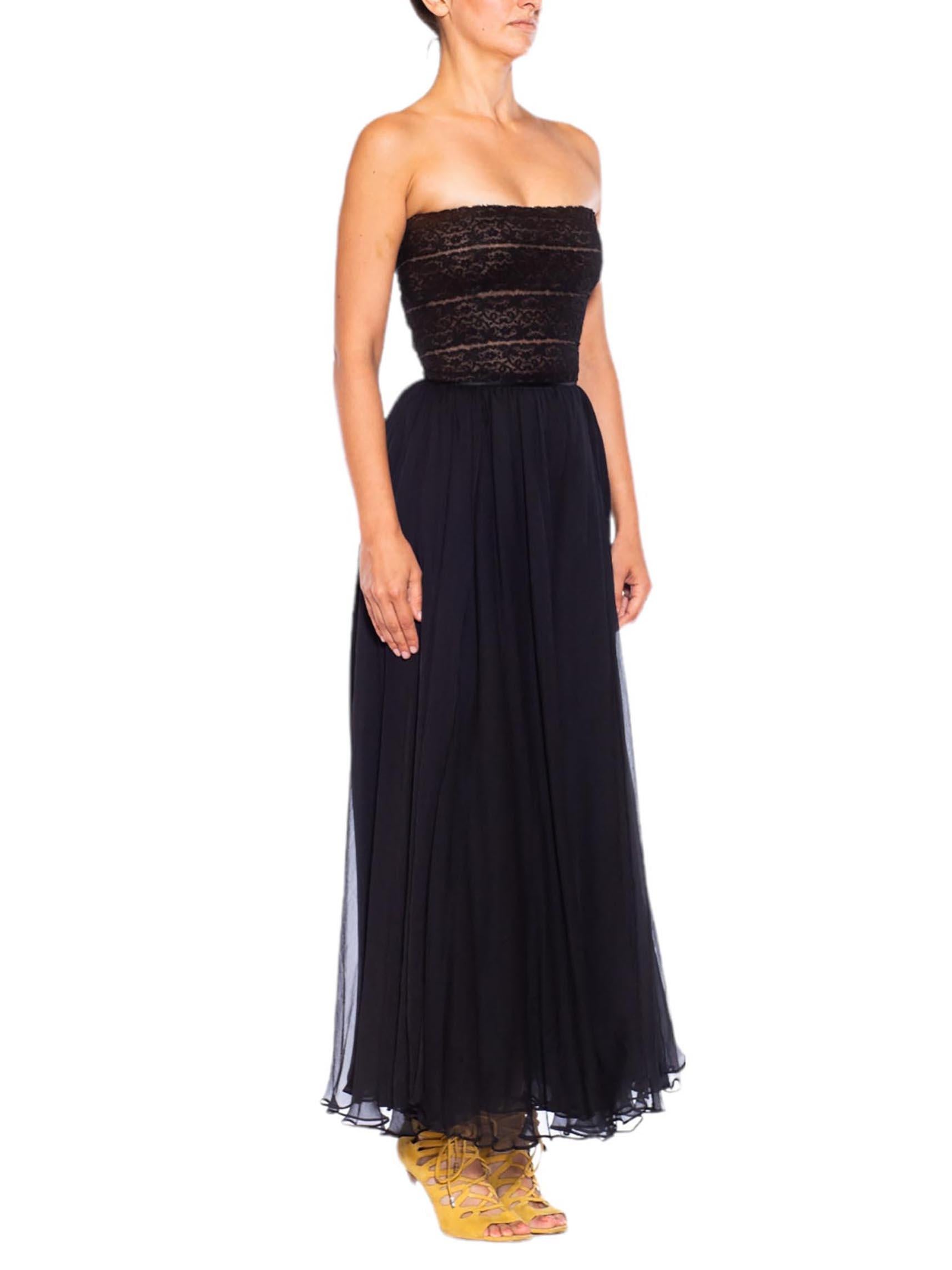 1980S OSCAR DE LA RENTA Black Silk Chiffon & Lace Strapless Gown XS For Sale 5