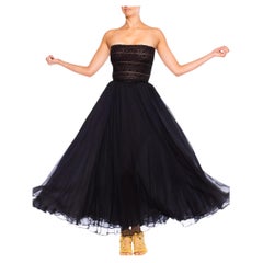 1980S OSCAR DE LA RENTA Black Silk Chiffon & Lace Strapless Gown XS