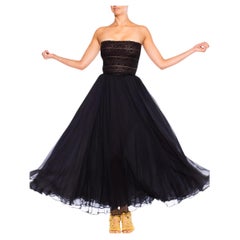 Retro 1980S OSCAR DE LA RENTA Black Silk Chiffon & Lace Strapless Gown XS