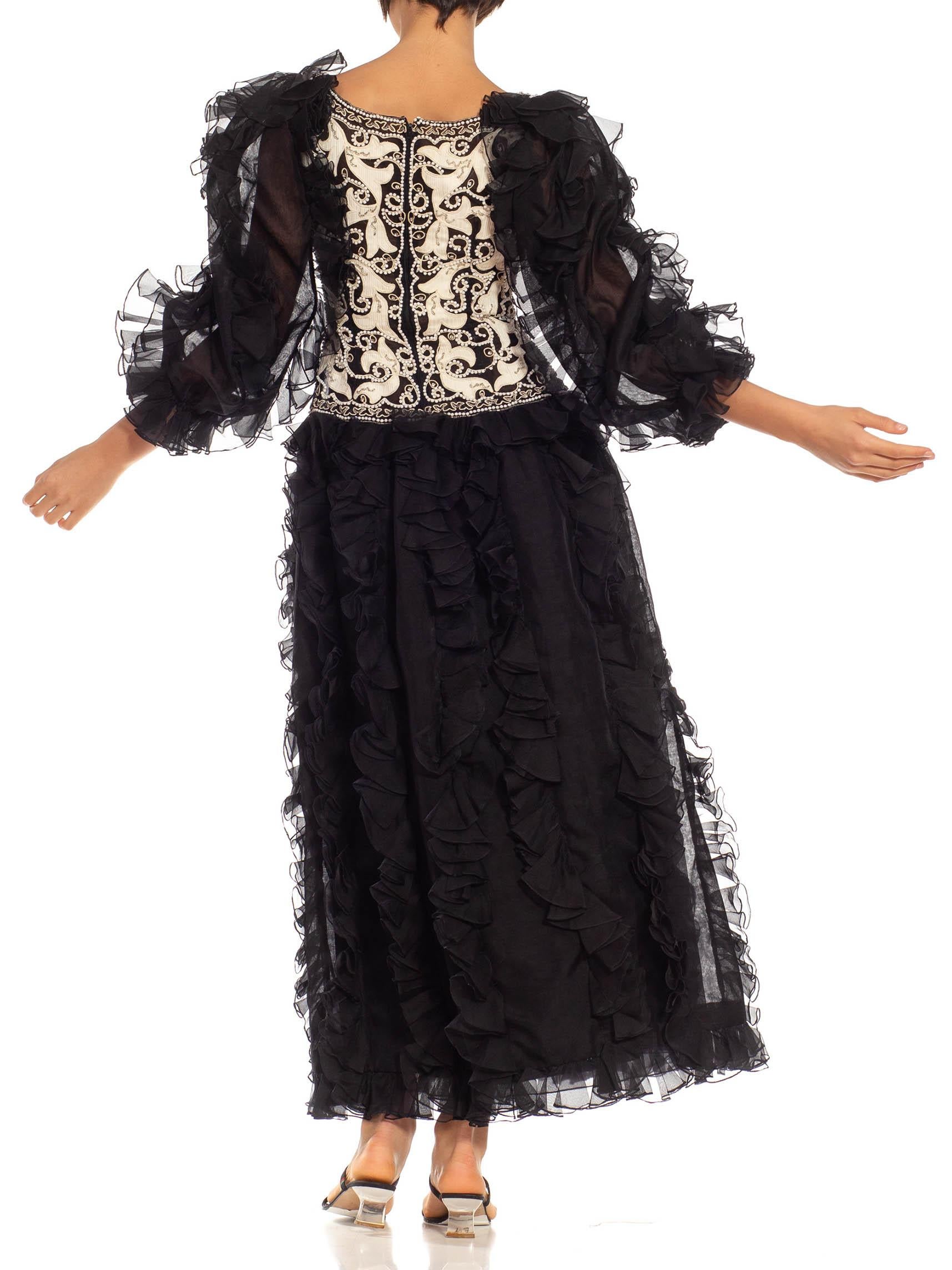 1980S OSCAR DE LA RENTA Black & White Silk Beaded Ruffle Gown With Giant Sleeves For Sale 6