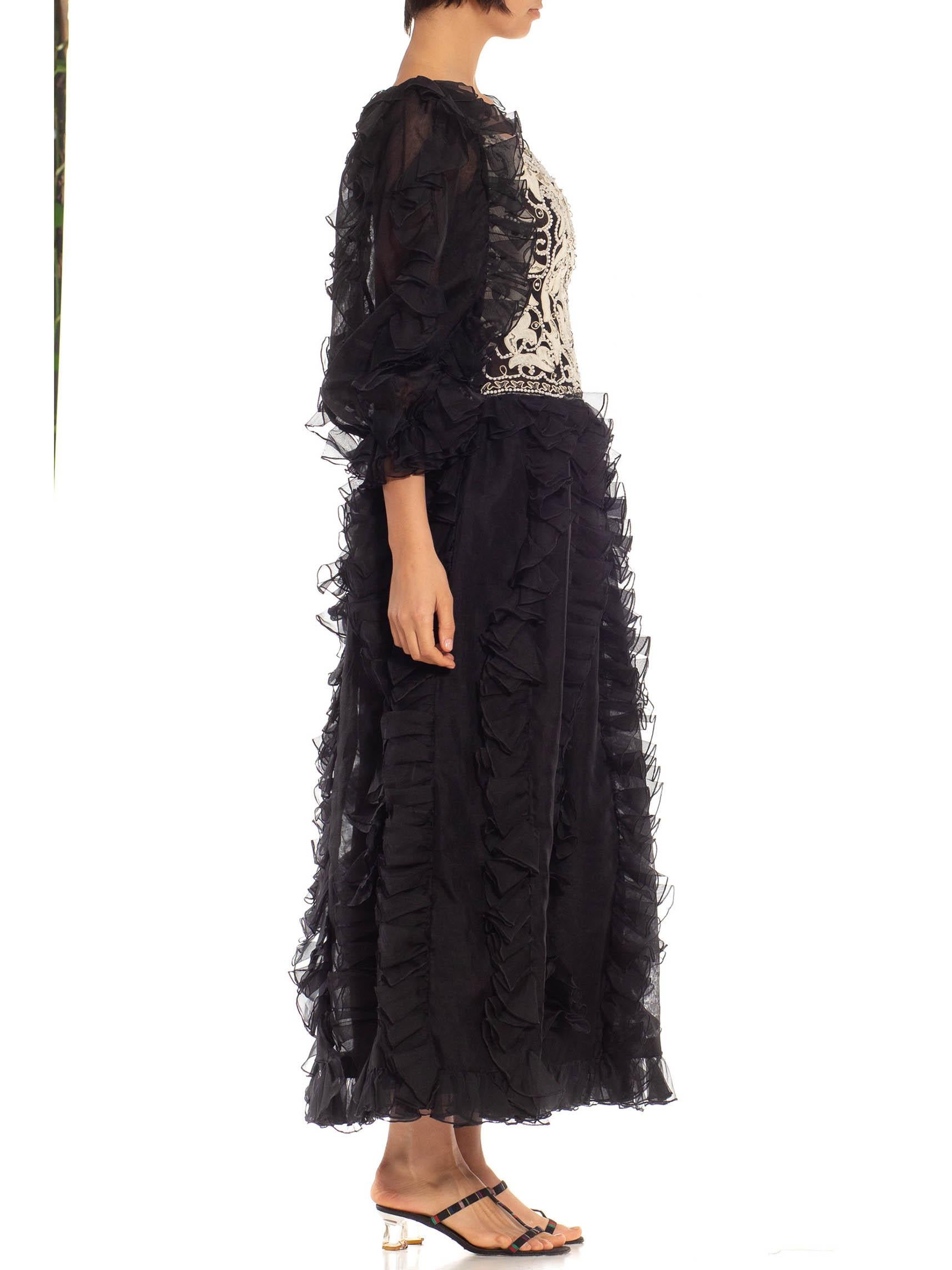 1980S OSCAR DE LA RENTA Black & White Silk Beaded Ruffle Gown With Giant Sleeves In Excellent Condition For Sale In New York, NY