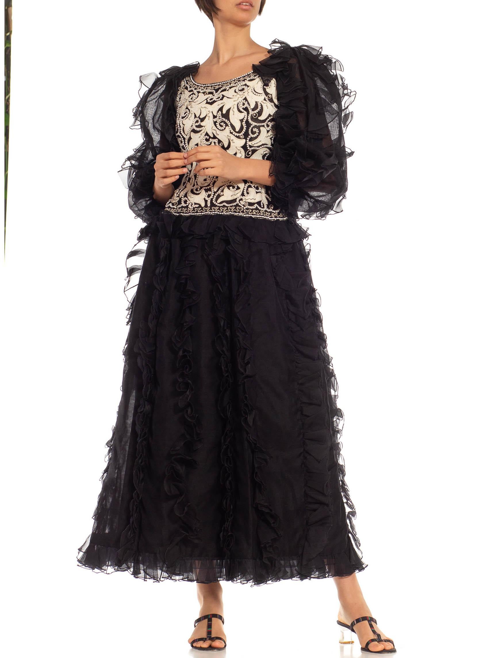 1980S OSCAR DE LA RENTA Black & White Silk Beaded Ruffle Gown With Giant Sleeves For Sale 1
