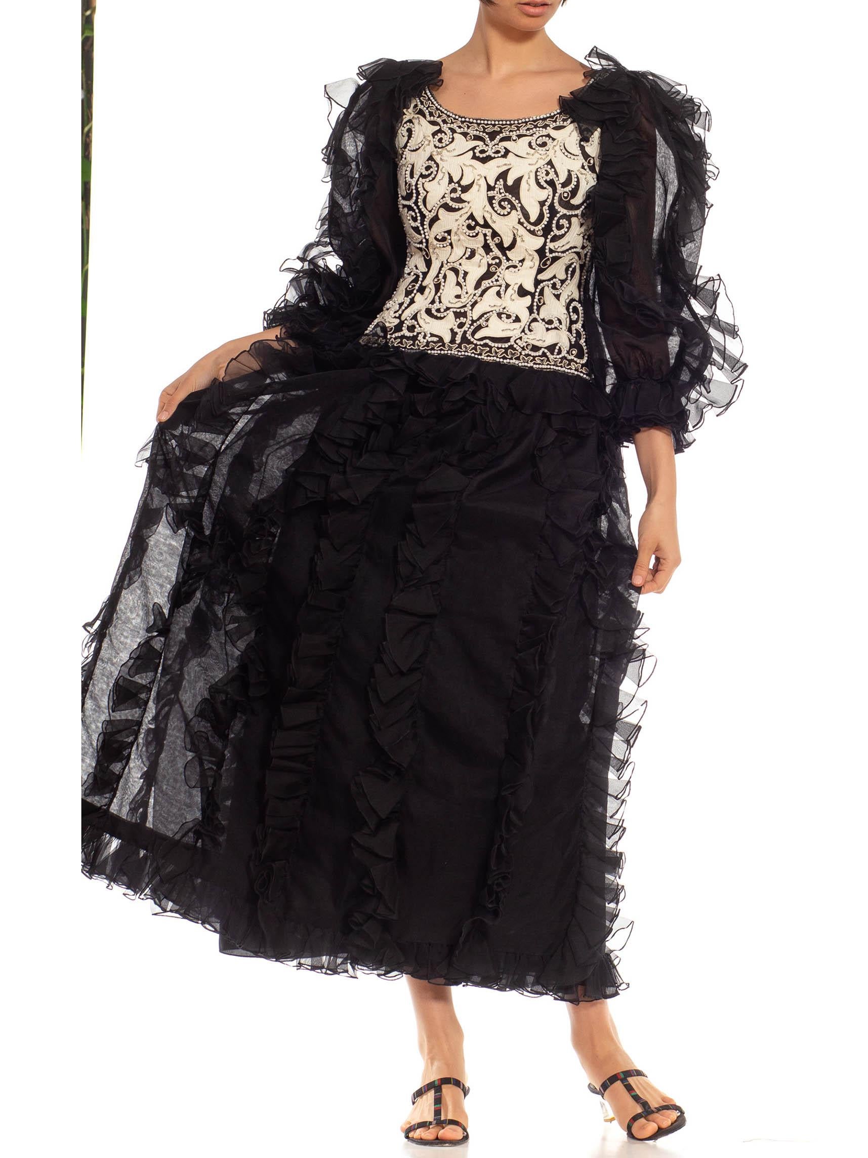 1980S OSCAR DE LA RENTA Black & White Silk Beaded Ruffle Gown With Giant Sleeves For Sale 2