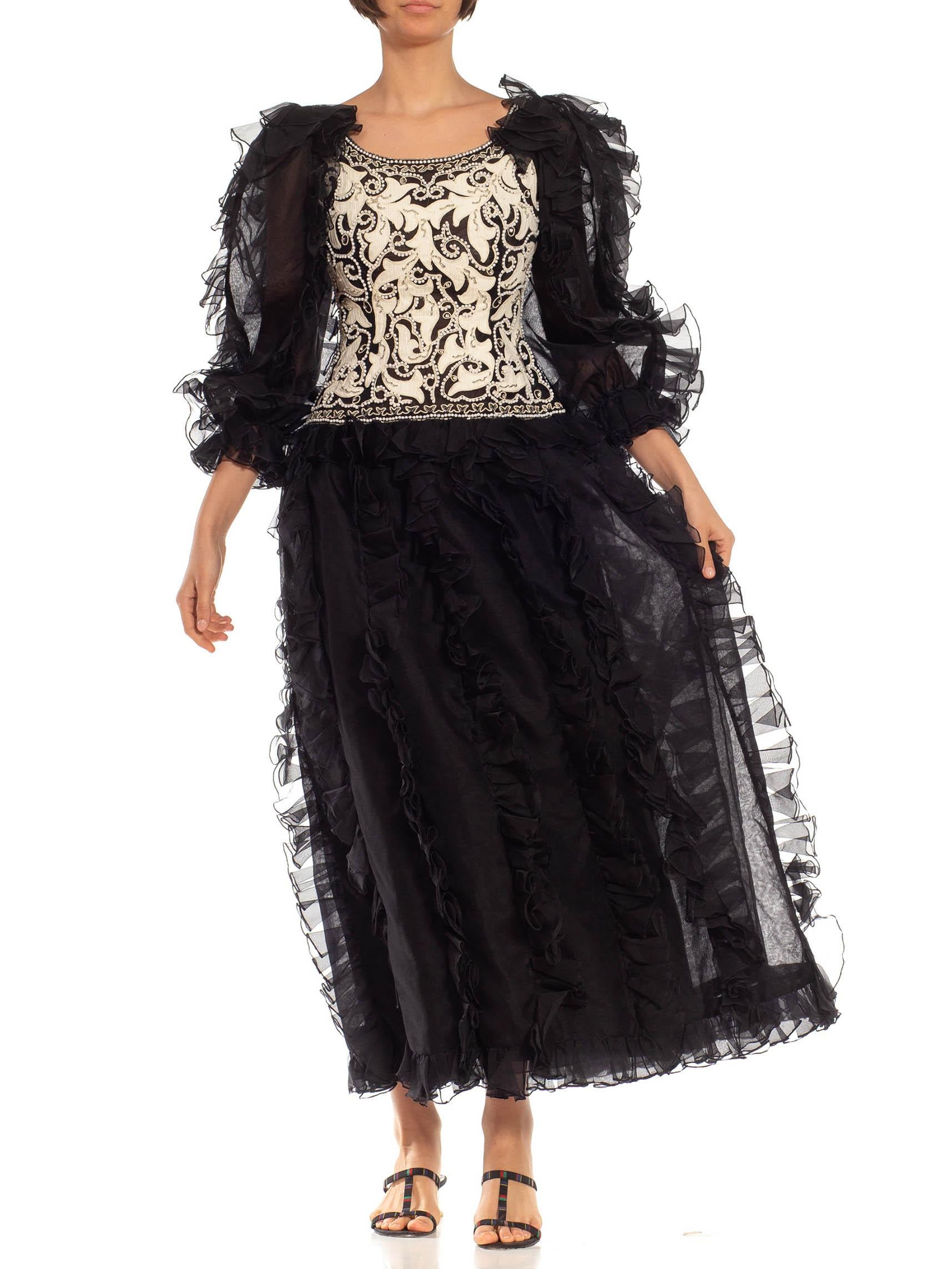 1980S OSCAR DE LA RENTA Black & White Silk Beaded Ruffle Gown With Giant Sleeves For Sale 3