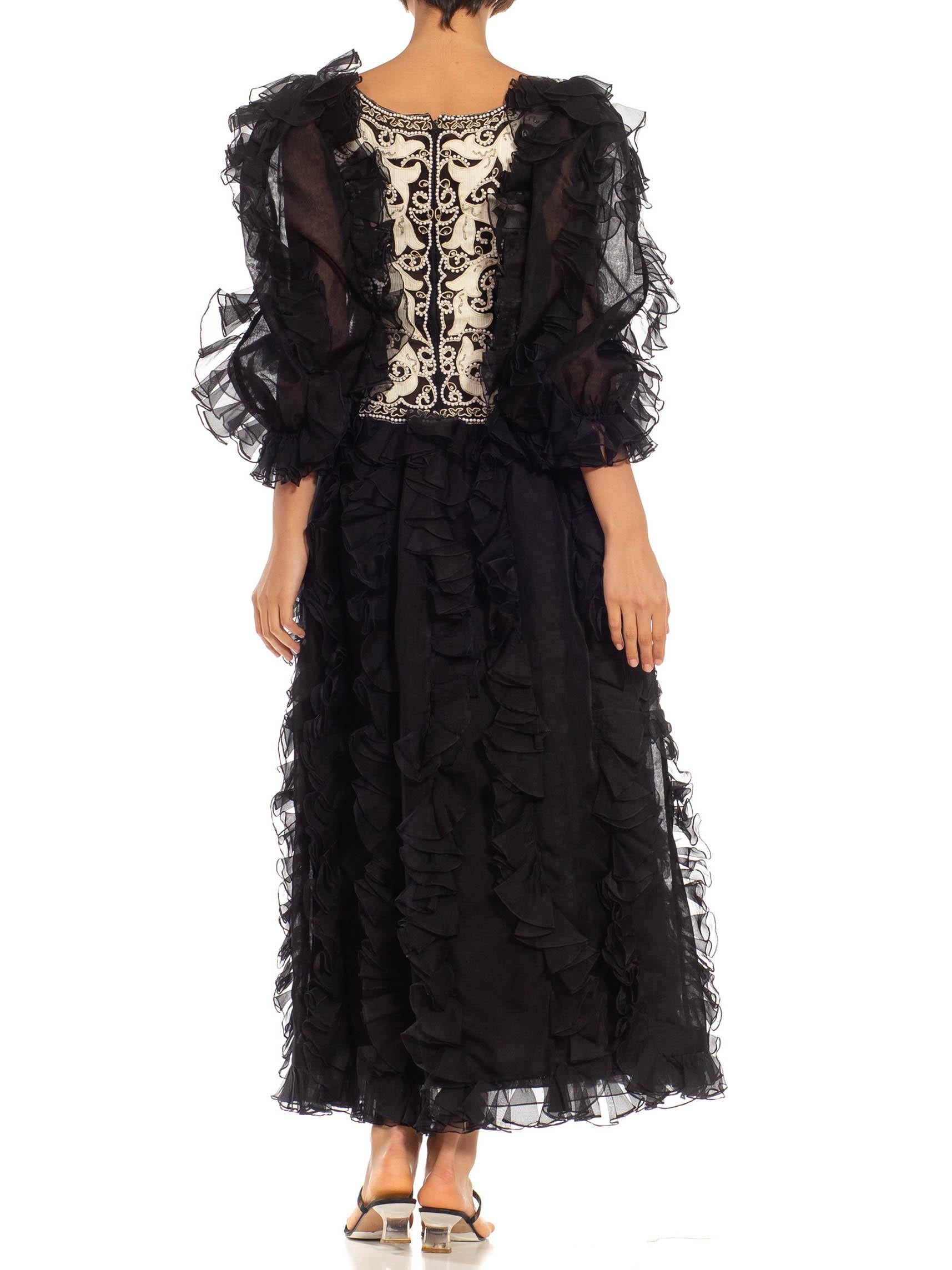 1980S OSCAR DE LA RENTA Black & White Silk Beaded Ruffle Gown With Giant Sleeves For Sale 5