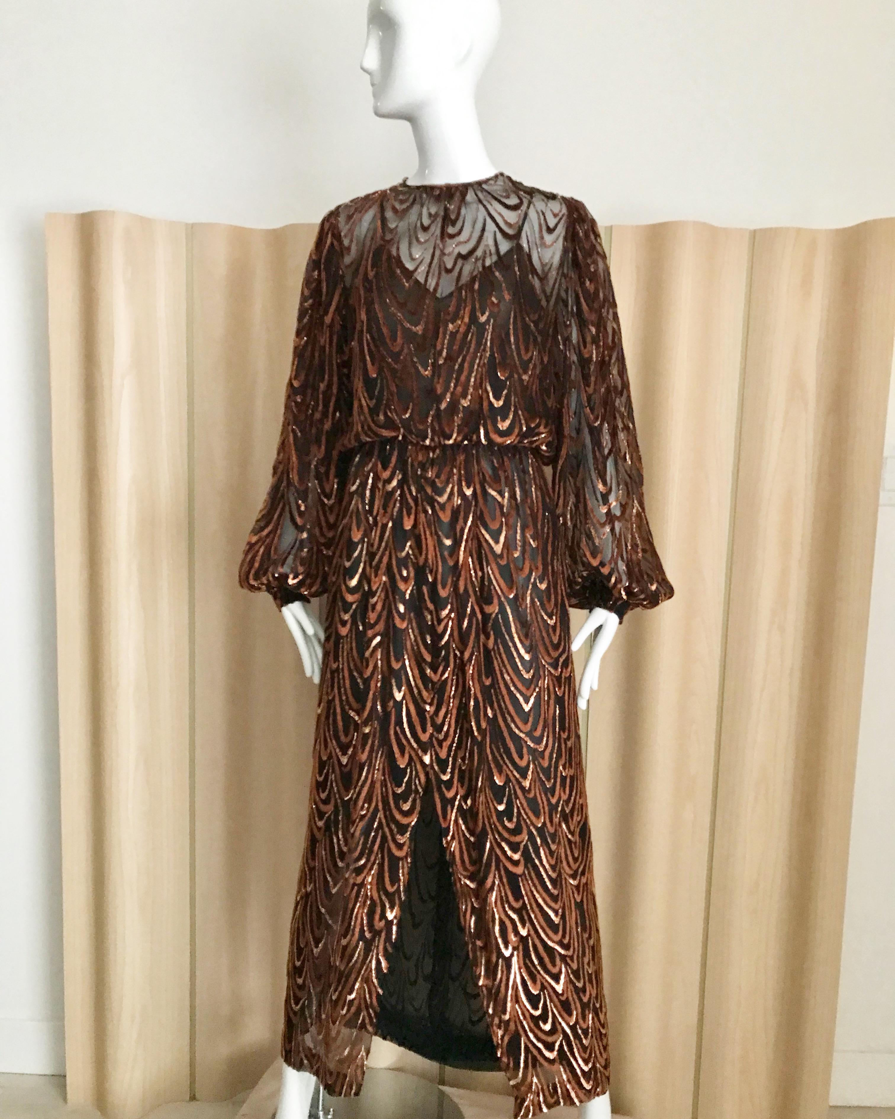 Vintage Oscar De La Renta rust brown metallic silk velvet Devore long sleeve dress with front slit.
Fit size Medium
Bust: 38 inches from inner spaghetti strap lining. ( dress can be alter ) outer fabric lining measured 40inches bust. 
 28 inches