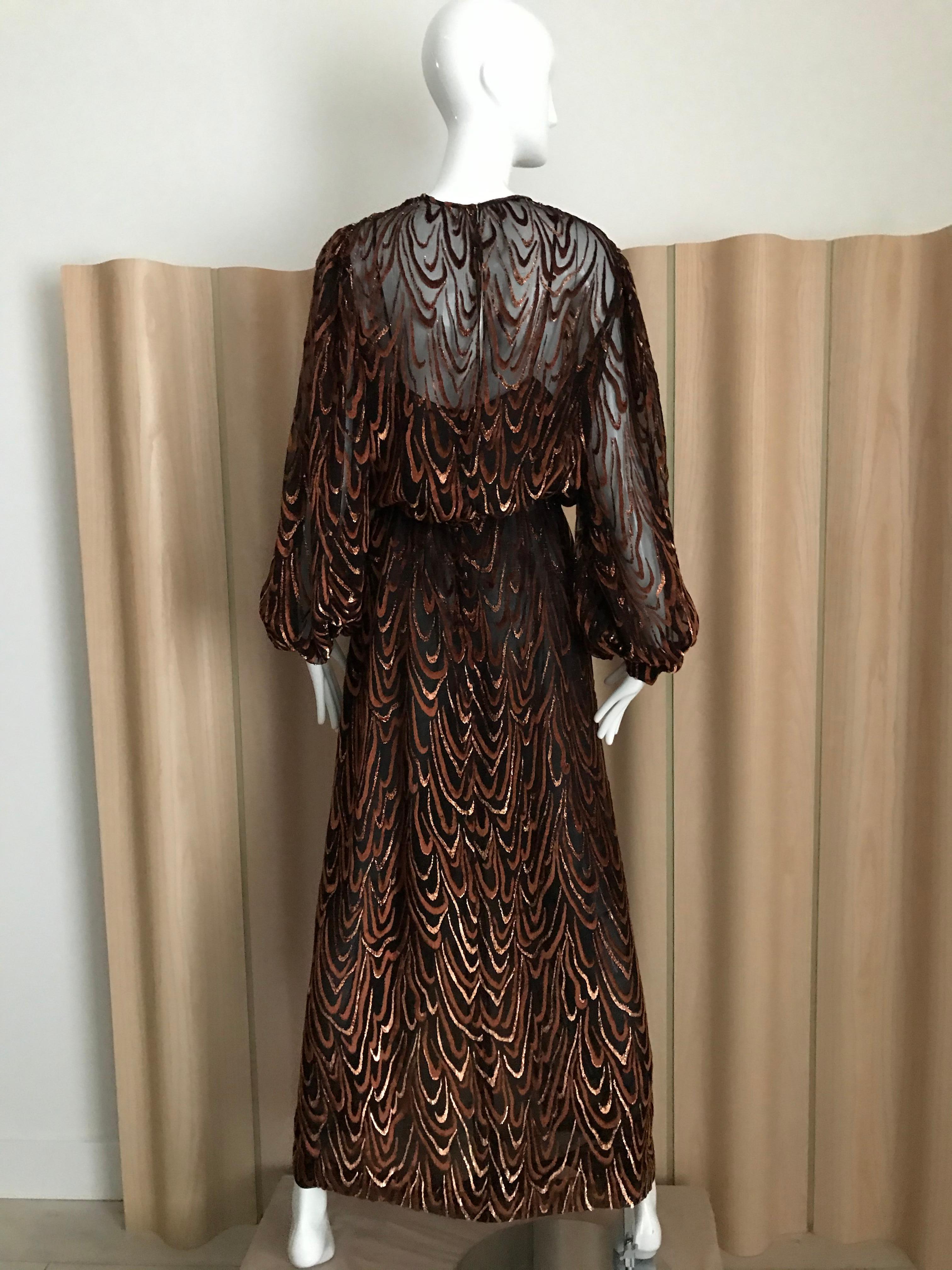 Black 1980s Oscar De La Renta Brown Silk Velvet Long Sleeve Dress