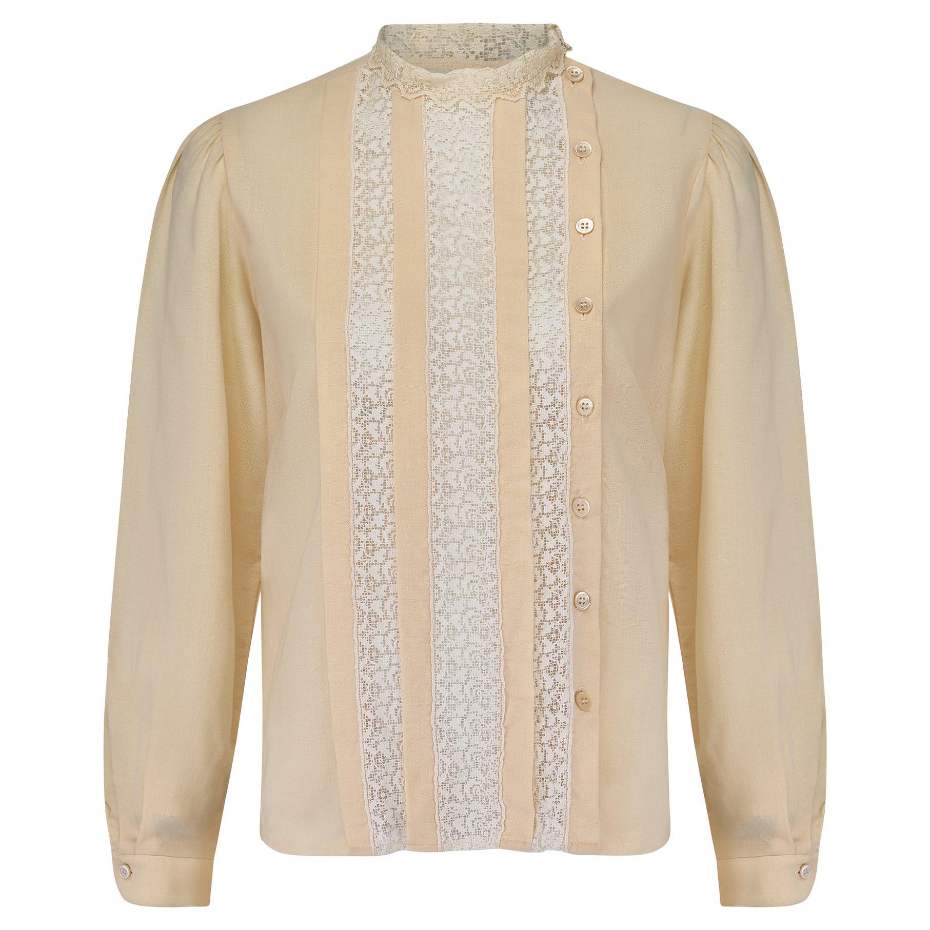 1980s Oscar De La Renta Cream Victoriana Shirt with Lace Trim For Sale