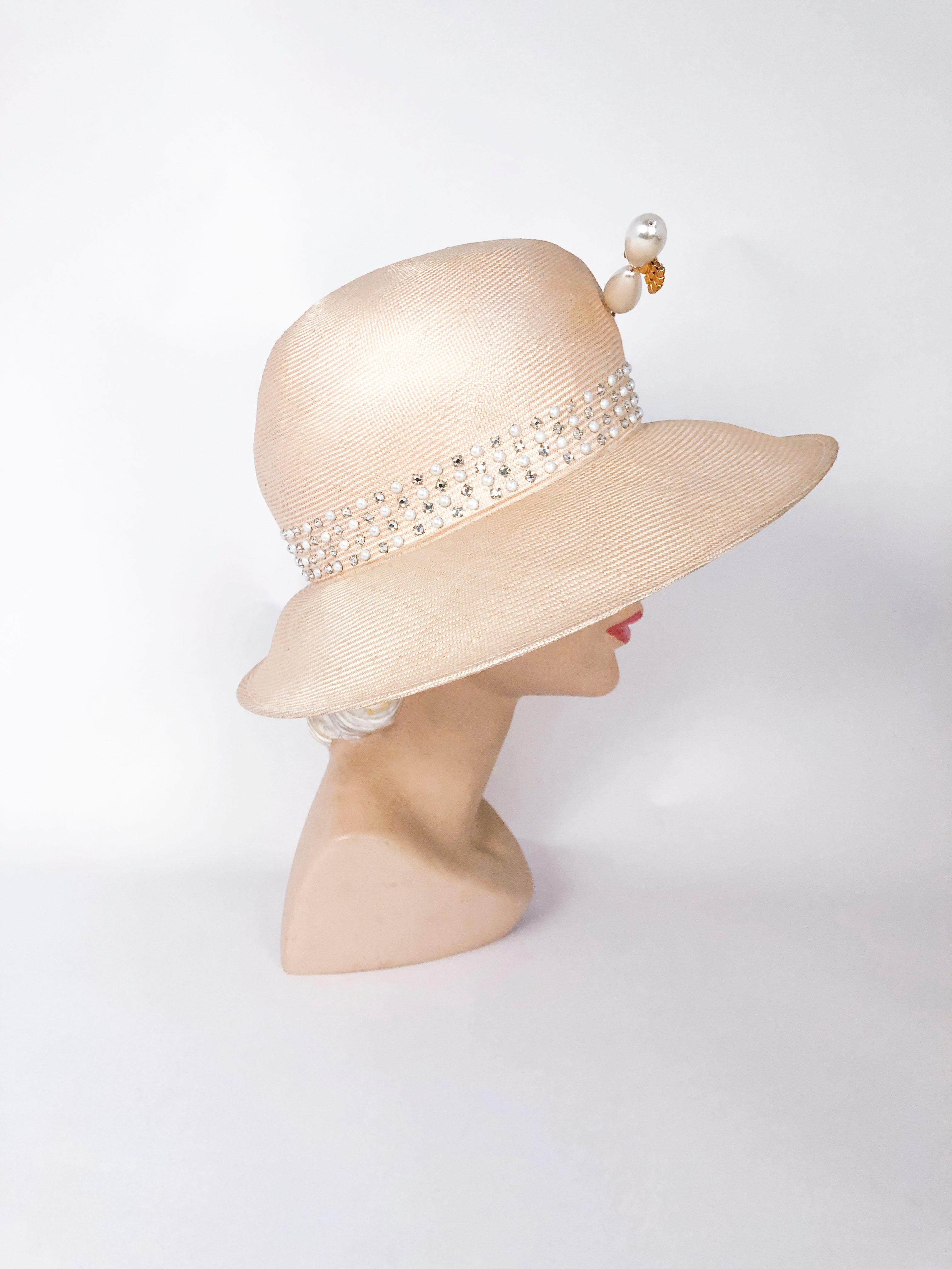 Beige 1980's Oscar De La Renta Decorated Wide-Brim Day Hat