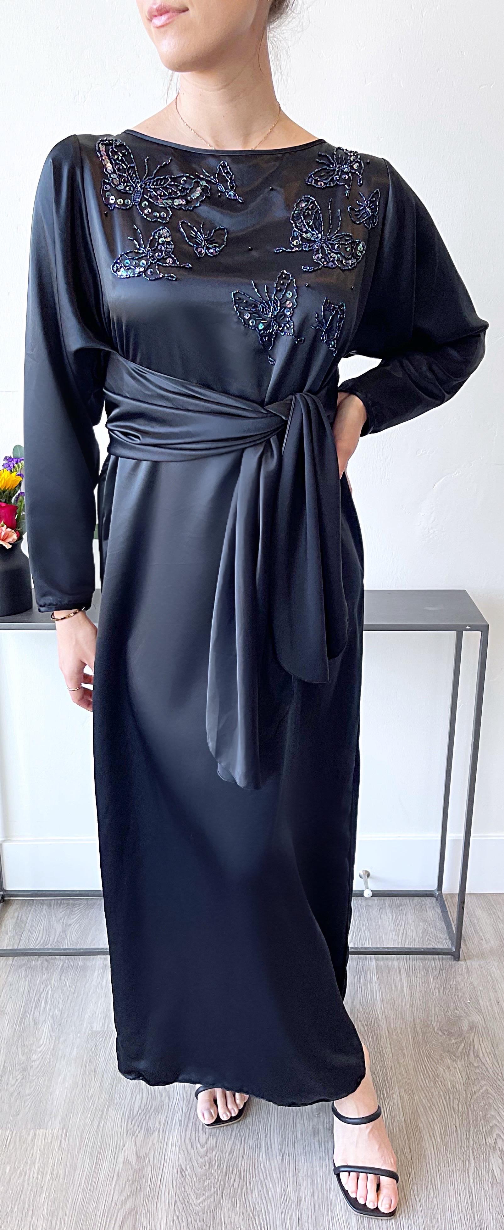 1980s Oscar De La Renta for Swirl Black Beaded Sequin Butterfly Vintage Caftan en vente 8
