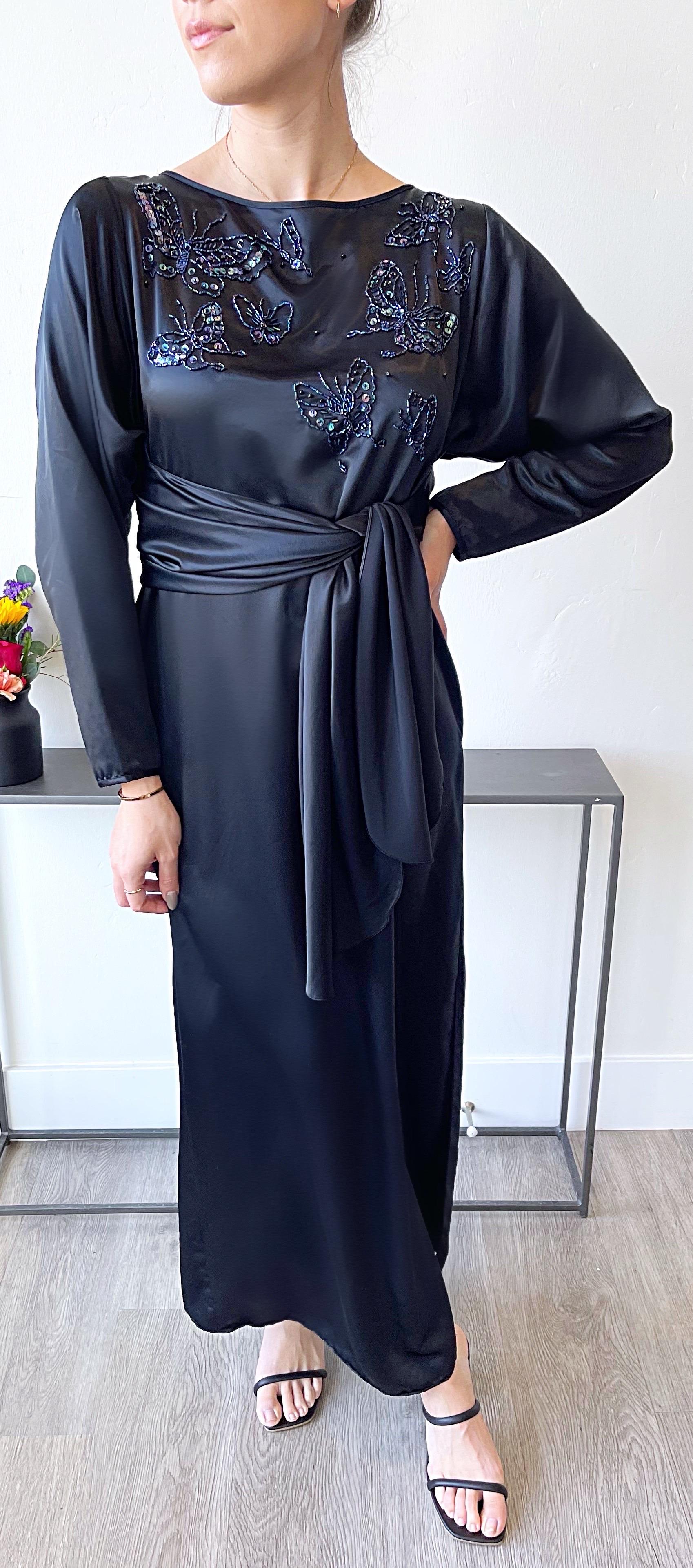 1980s Oscar De La Renta for Swirl Black Beaded Sequin Butterfly Vintage Caftan en vente 1
