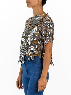 1980S Oscar De La Renta Oyster Grey & Silver Tulle Fully Beaded Cutwork Top