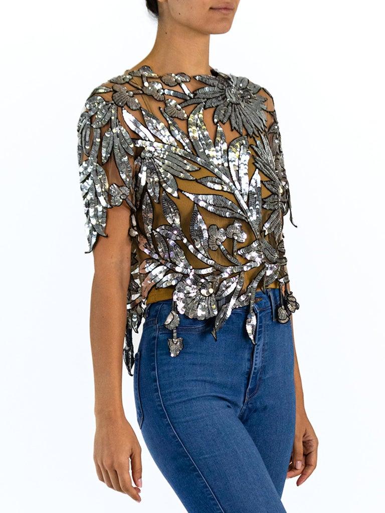 Black 1980S Oscar De La Renta Oyster Grey & Silver Tulle Fully Beaded Cutwork Top For Sale
