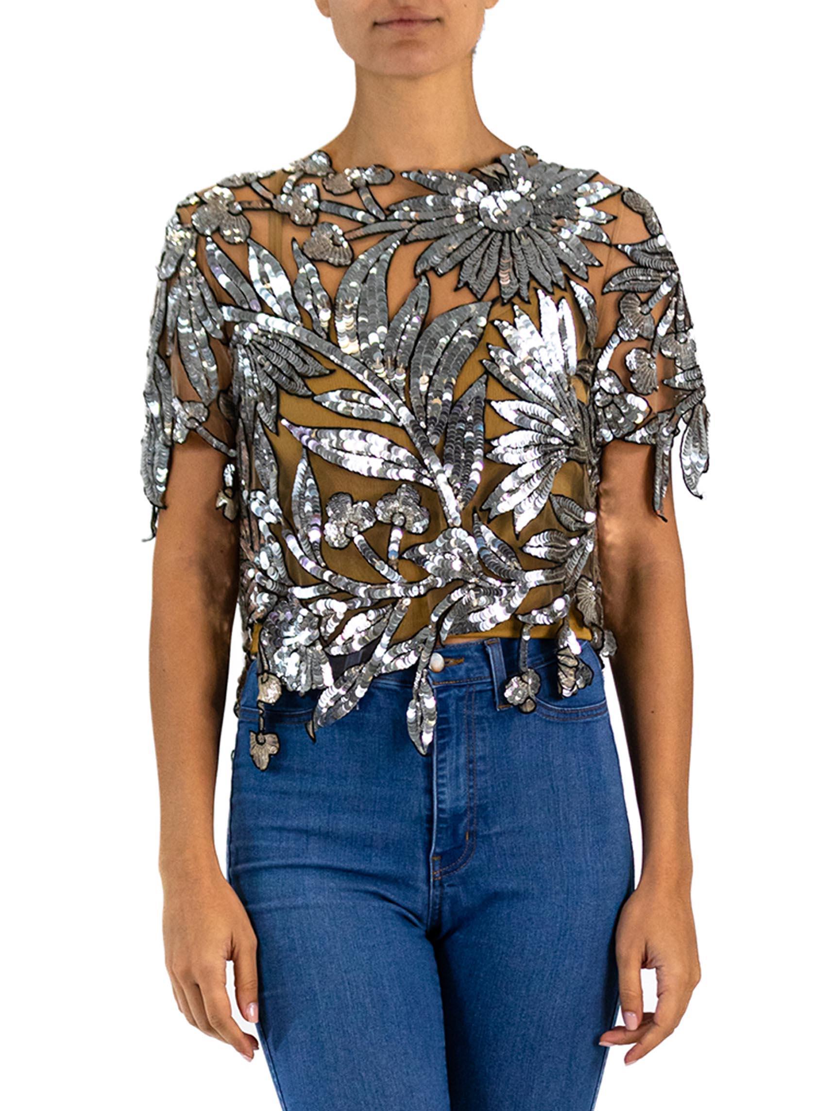 1980S Oscar De La Renta Oyster Grey & Silver Tulle Fully Beaded Cutwork Top In Excellent Condition For Sale In New York, NY